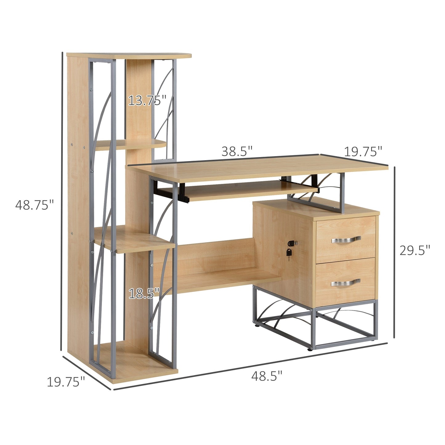 HOMCOM Modern Computer Desk with 4-Tier Bookshelf, Home Office Writing Table Workstation with Tower Storage Shelves Keyboard Tray & Lockable Drawers, Natural