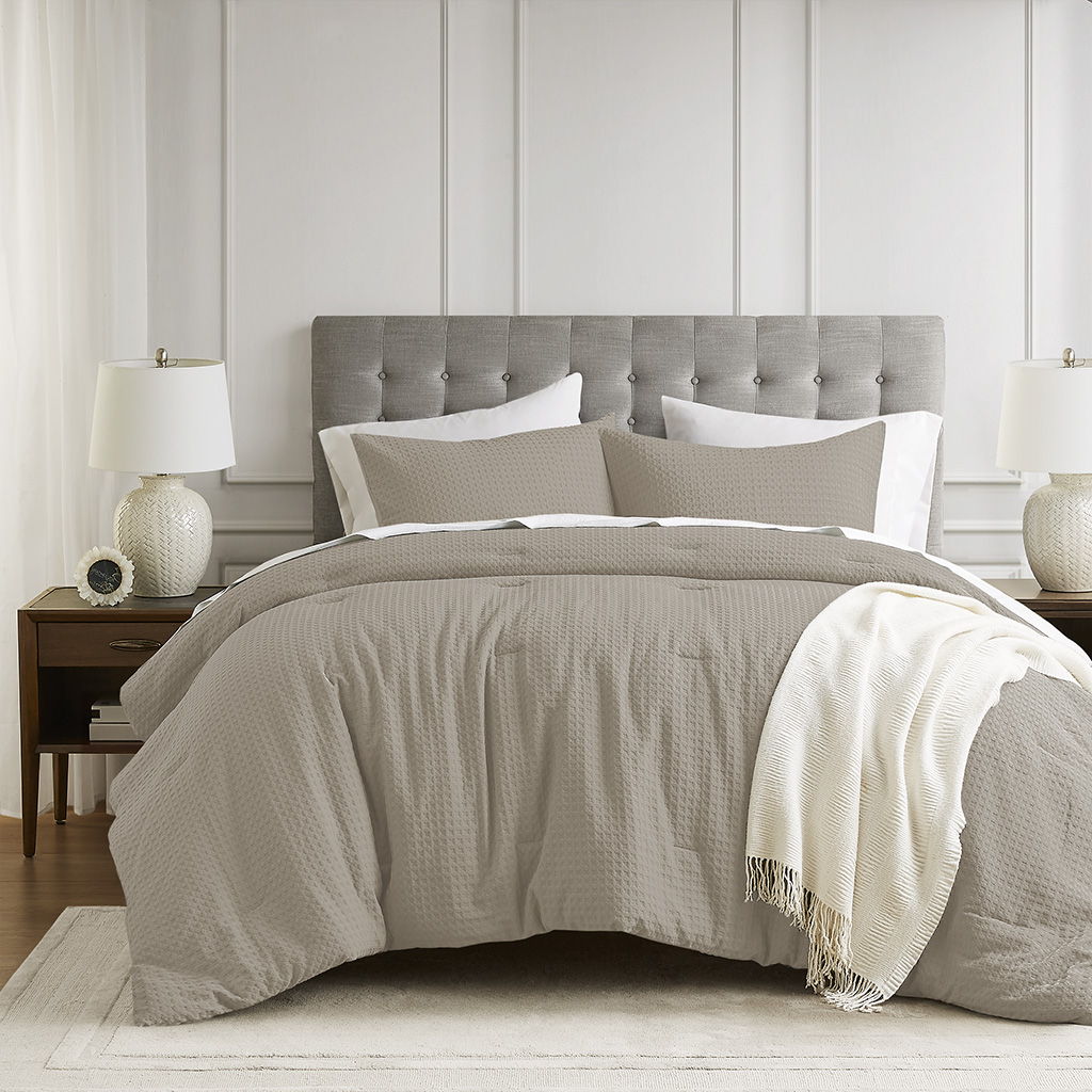 Mina - Full/Queen Waffle Weave Textured Comforter Set - Neutral