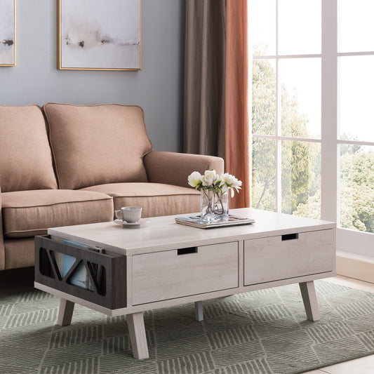 Antique Wood Coffee Table, Living Room Table with Two Storage Drawers, White Oak & Distressed