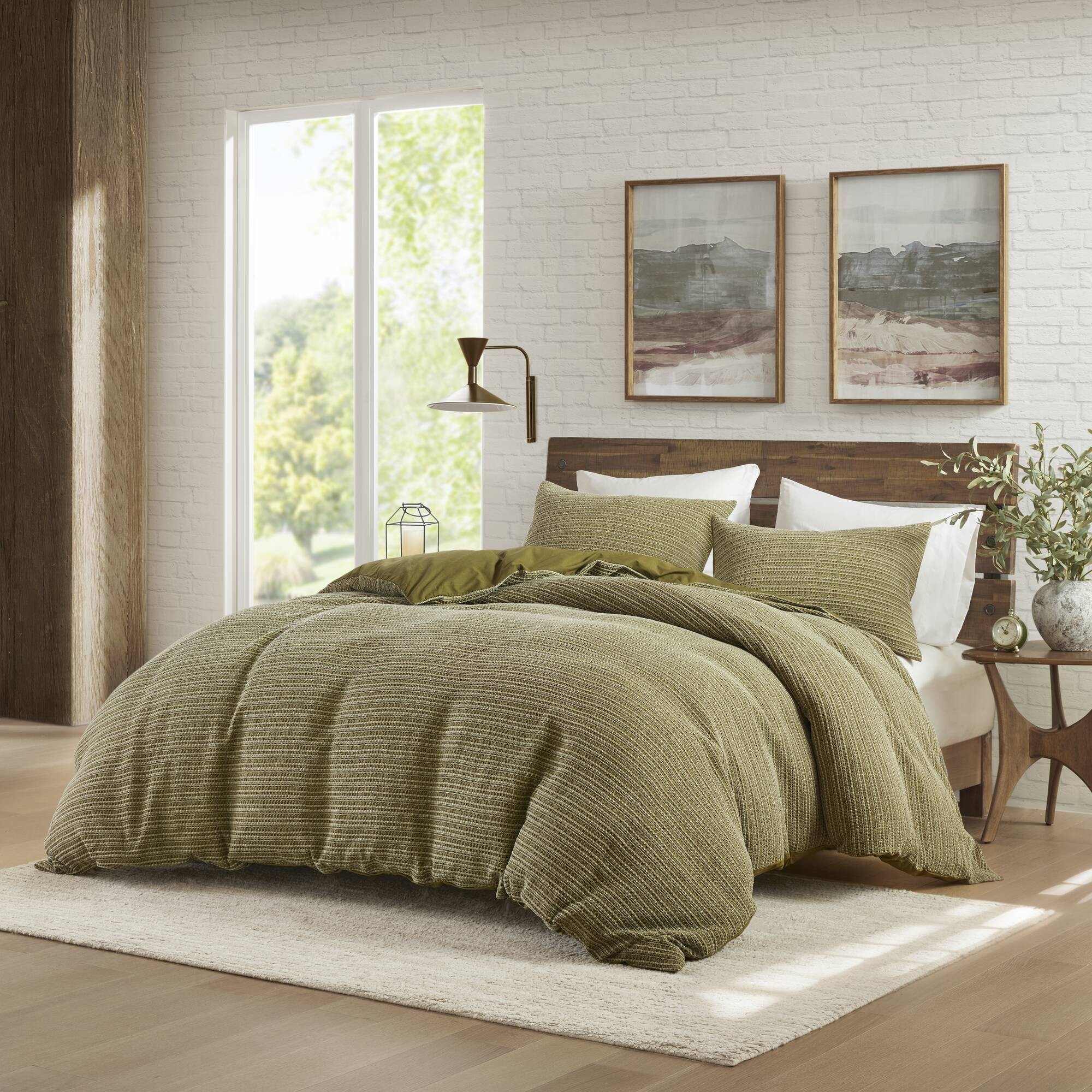 Lyon - 3 Piece Full/Queen Waffle Washed Duvet Set - Green
