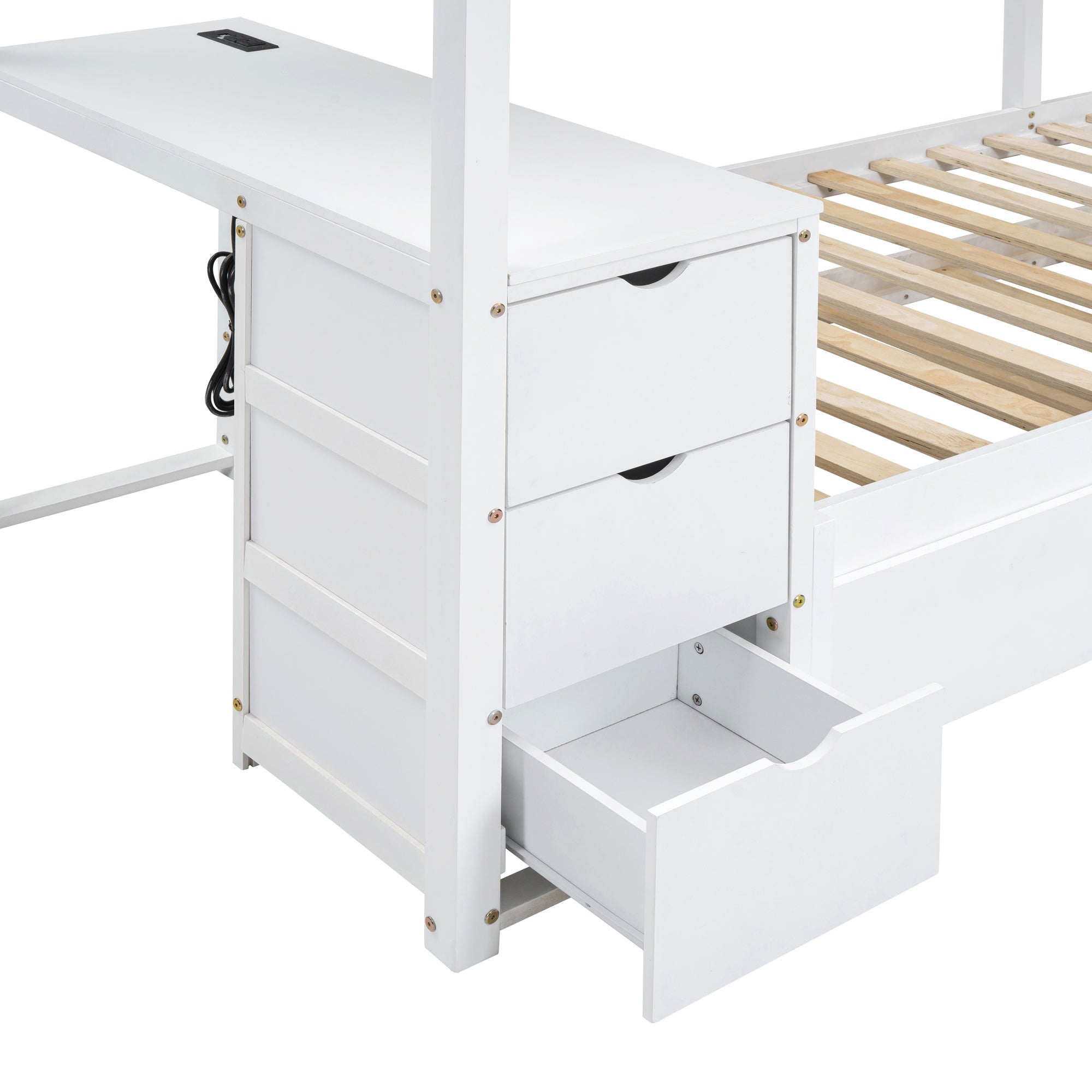 Twin-Over-Twin Bunk Bed with Twin size Trundle, Storage and Desk, White