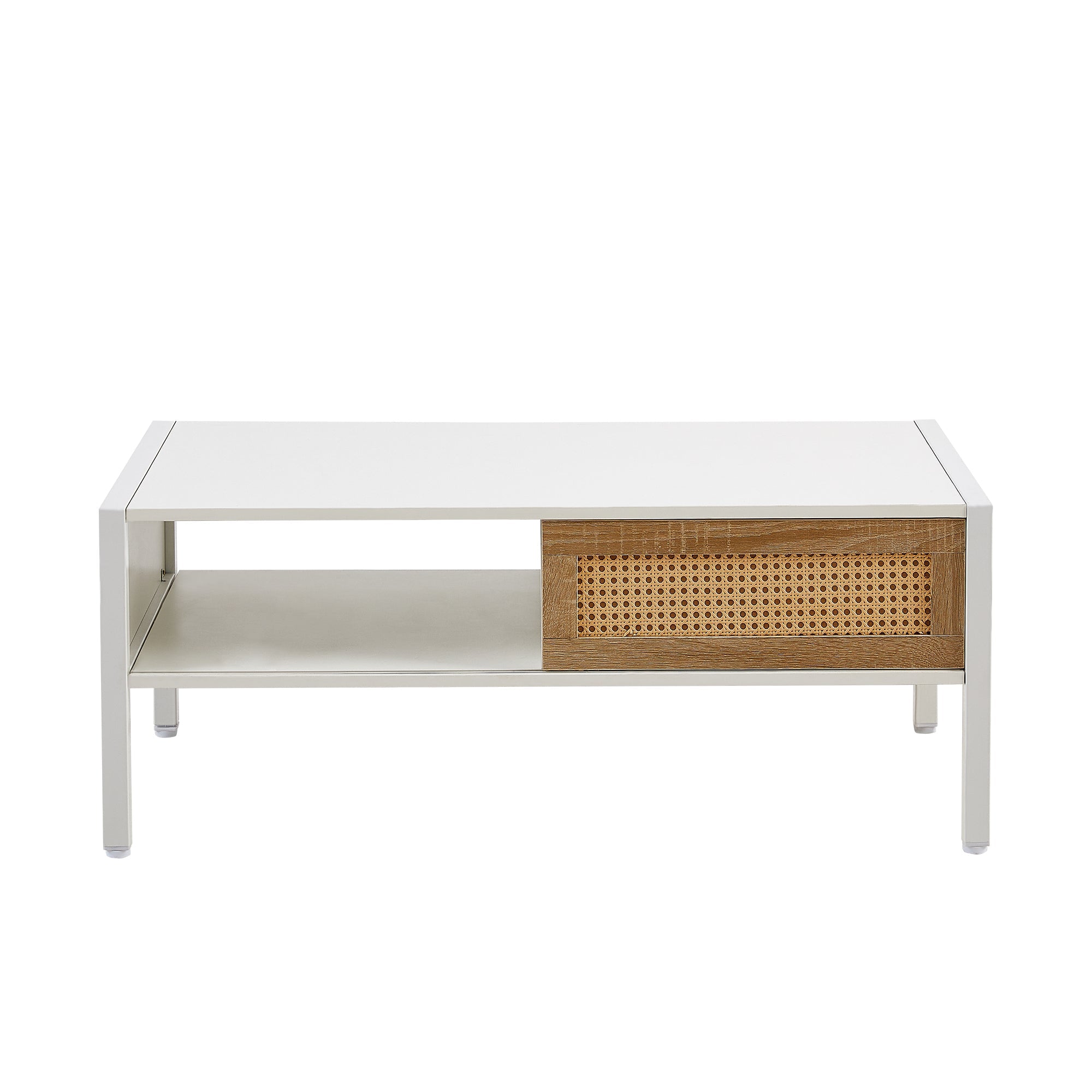 40.16" Rattan Coffee table, sliding door for storage, metal legs, Modern table  for living room , white