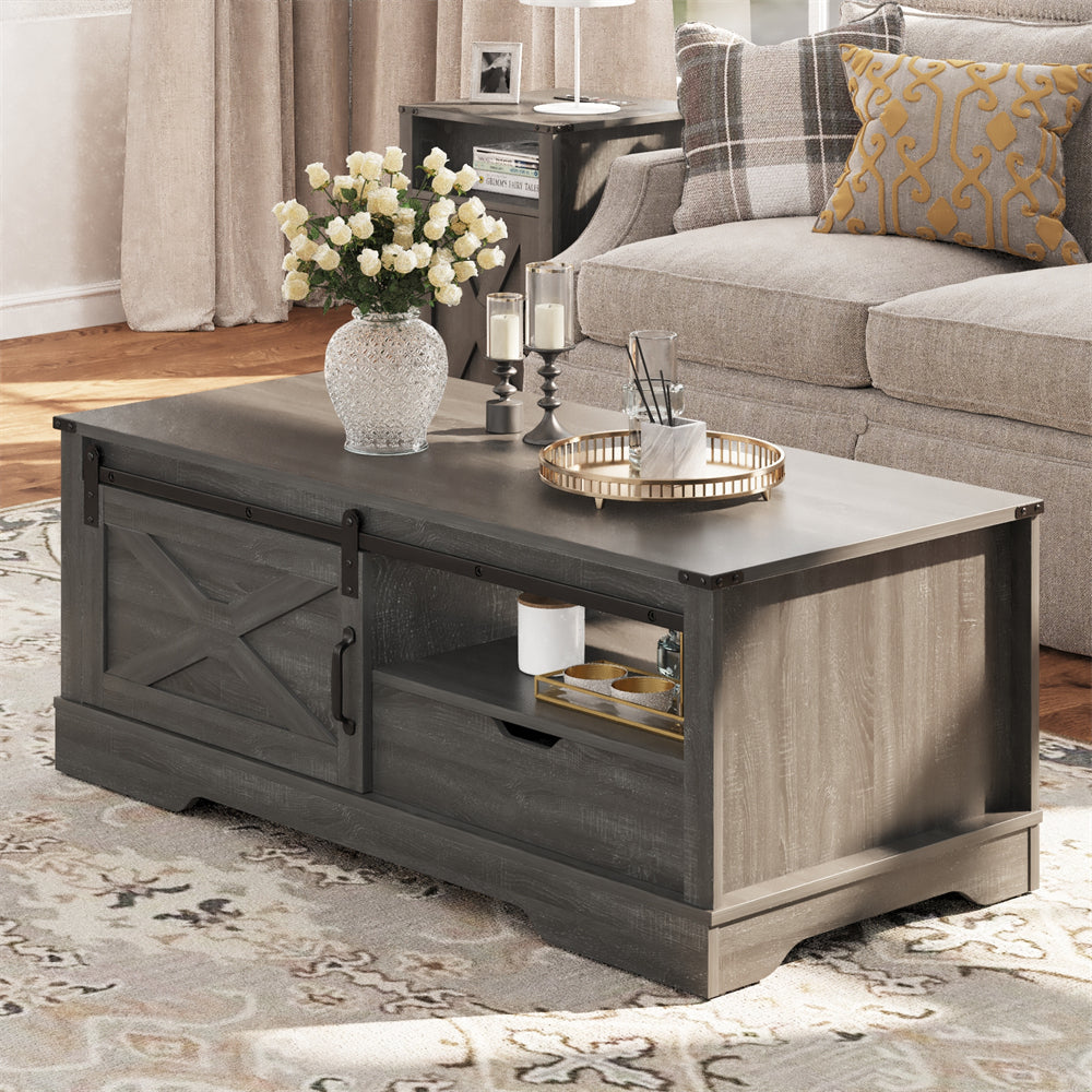 Modern Dark Gray Wood Small Living Room Tables End Side Storage Coffee Table With Storage Barn Door Living Room