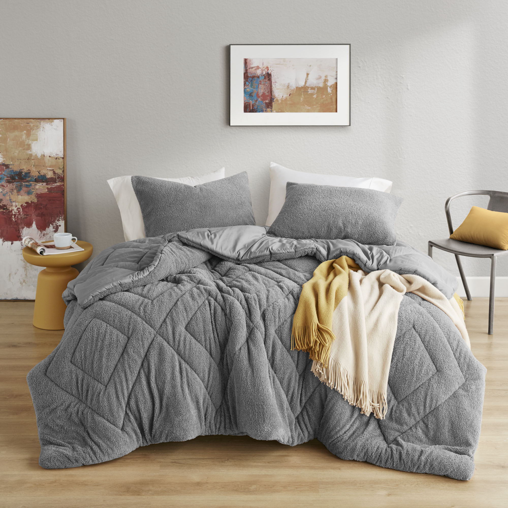 Kyla - Full/Queen Double Diamond Quilted Teddy Comforter Set - Gray