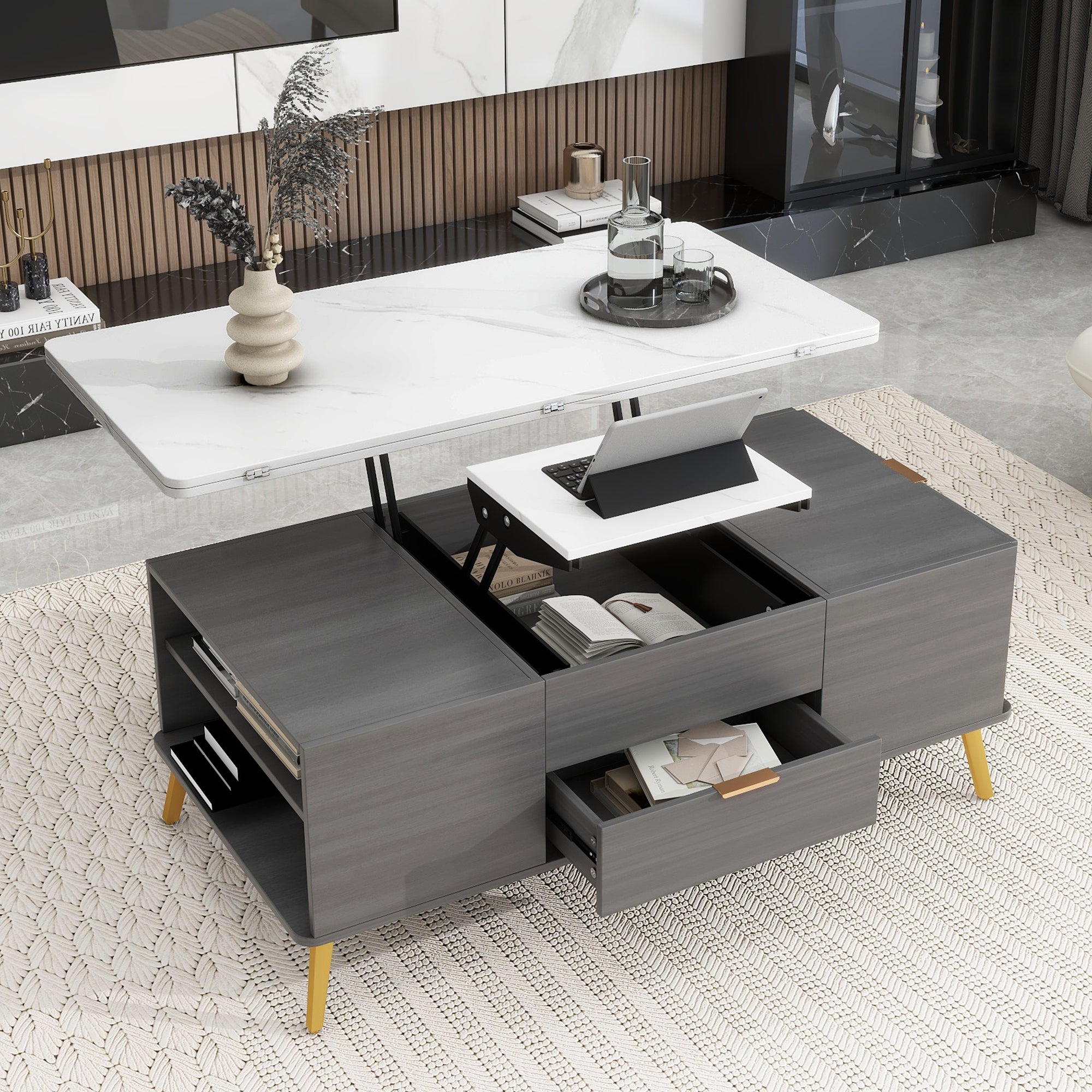 Modern Lift Top Coffee Table Multi Functional Table with Drawers in Gray & White