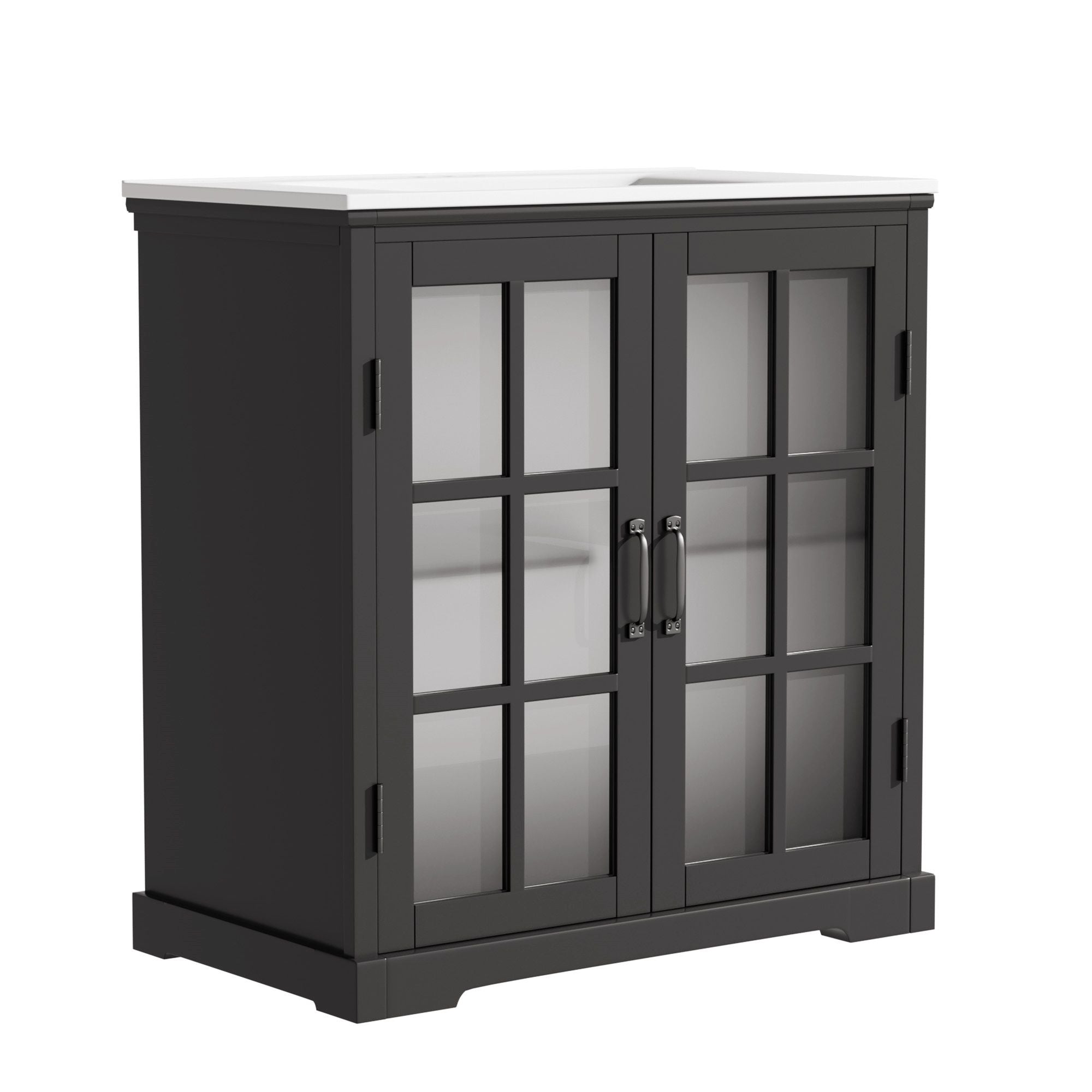 Modern Bathroom Vanity With Ceramic Sink, Tempered Blurred Glass Doors