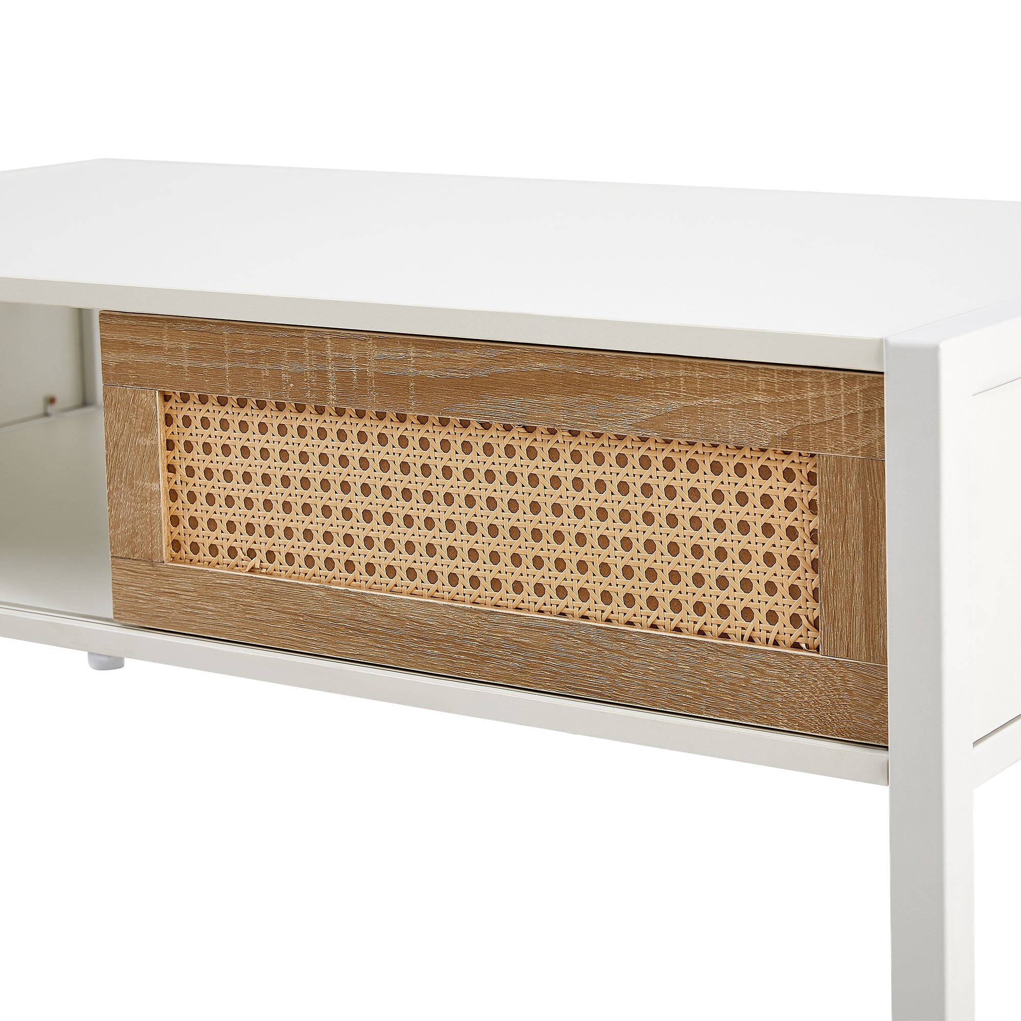 40.16" Rattan Coffee table, sliding door for storage, metal legs, Modern table  for living room , white