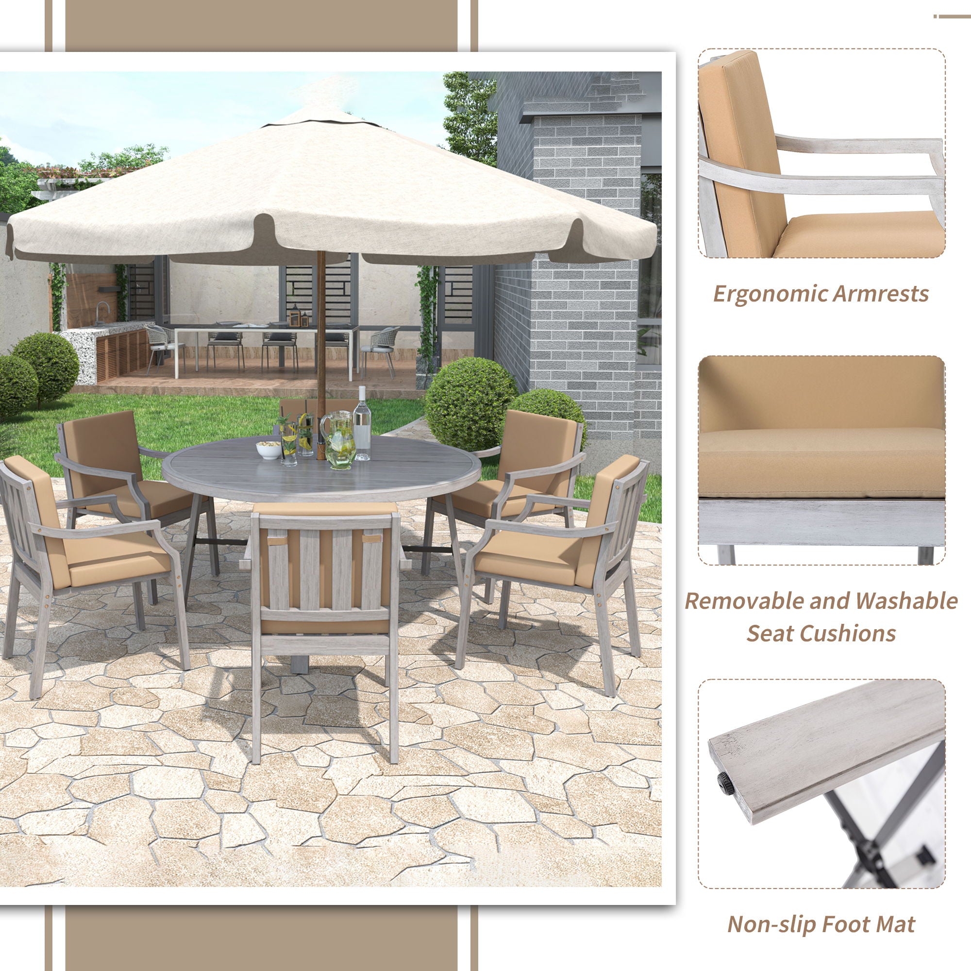 Outdoor Dinning Set 6 Person Dinning Set With An Umbrella Hole And Removable Cushions For Patio, Backyard, Garden - Antique Gray