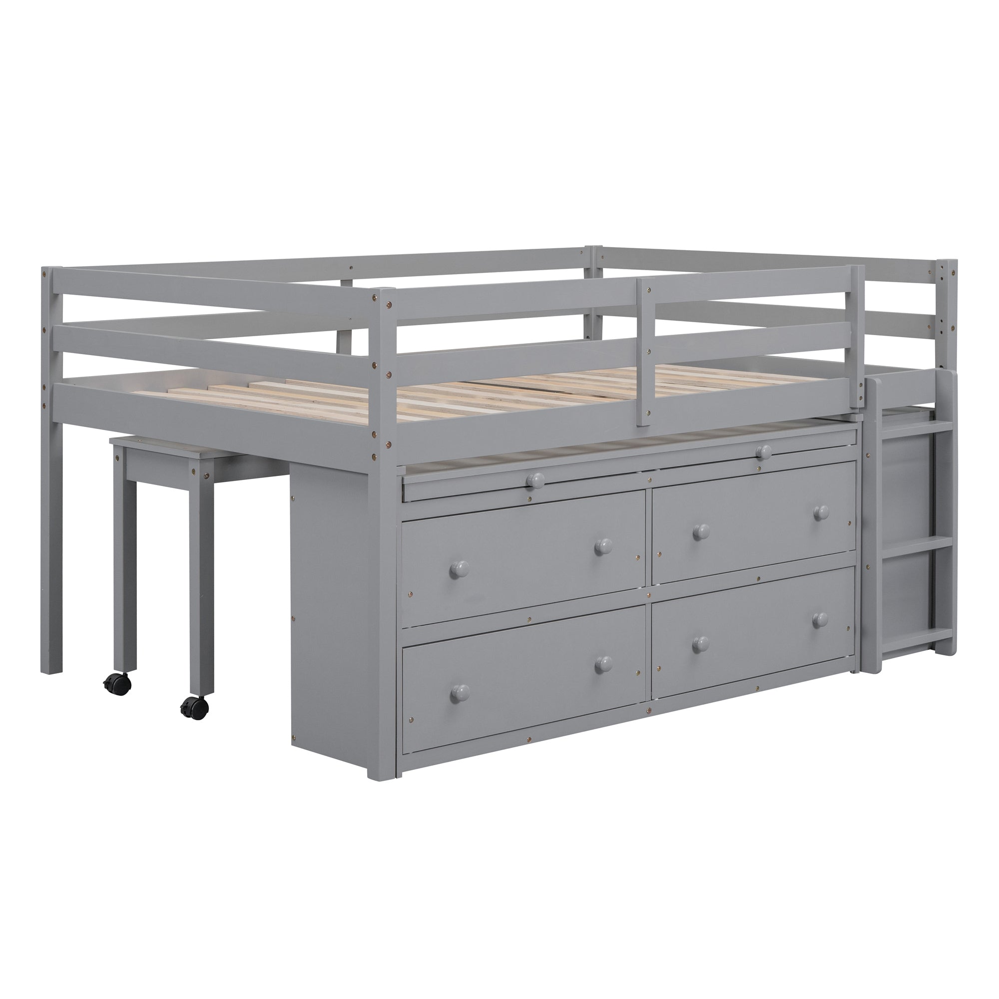 Full Size Loft Bed with Retractable Writing Desk and 4 Drawers, Wooden Loft Bed with Lateral Portable Desk and Shelves, Gray