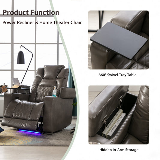 Power Motion Recliner with USB Charging Port and Hidden Arm Storage, Home Theater Seating with 2 Convenient Cup Holders Design and 360° Swivel Tray Table(old sku: SG000441AAA)
