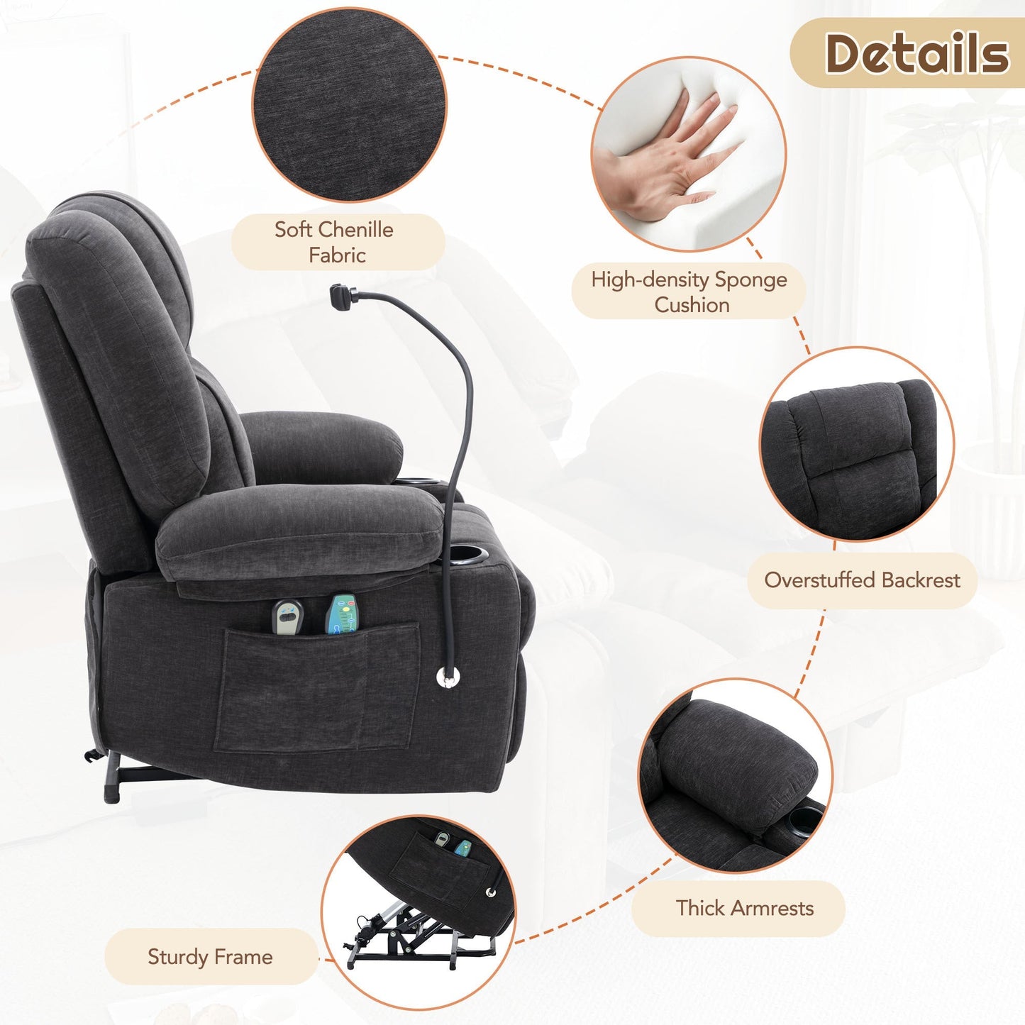 Power Lift Recliner Chair Electric Recliner for Elderly Recliner Chair with Massage and Heating Functions, Remote, Phone Holder Side Pockets and Cup Holders for Living Room, Black