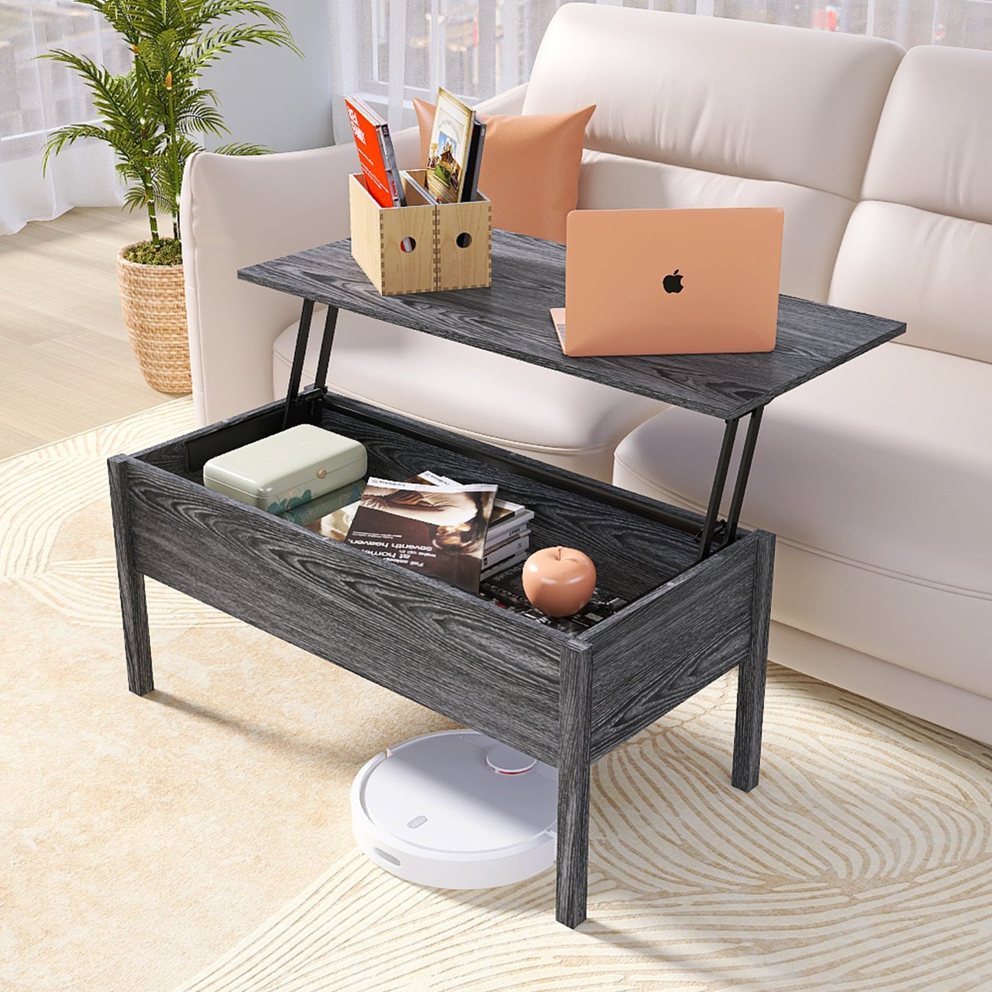 MDF Lift-Top Coffee Table with Storage For Living Room,Dark Grey Oak