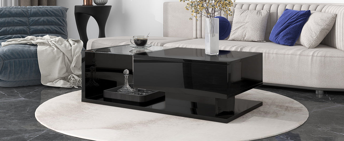 Modern Coffee Table with Tempered Glass, Wooden Cocktail Table with High-gloss UV Surface, Modernist 2-Tier Rectangle Center Table for Living Room, Black