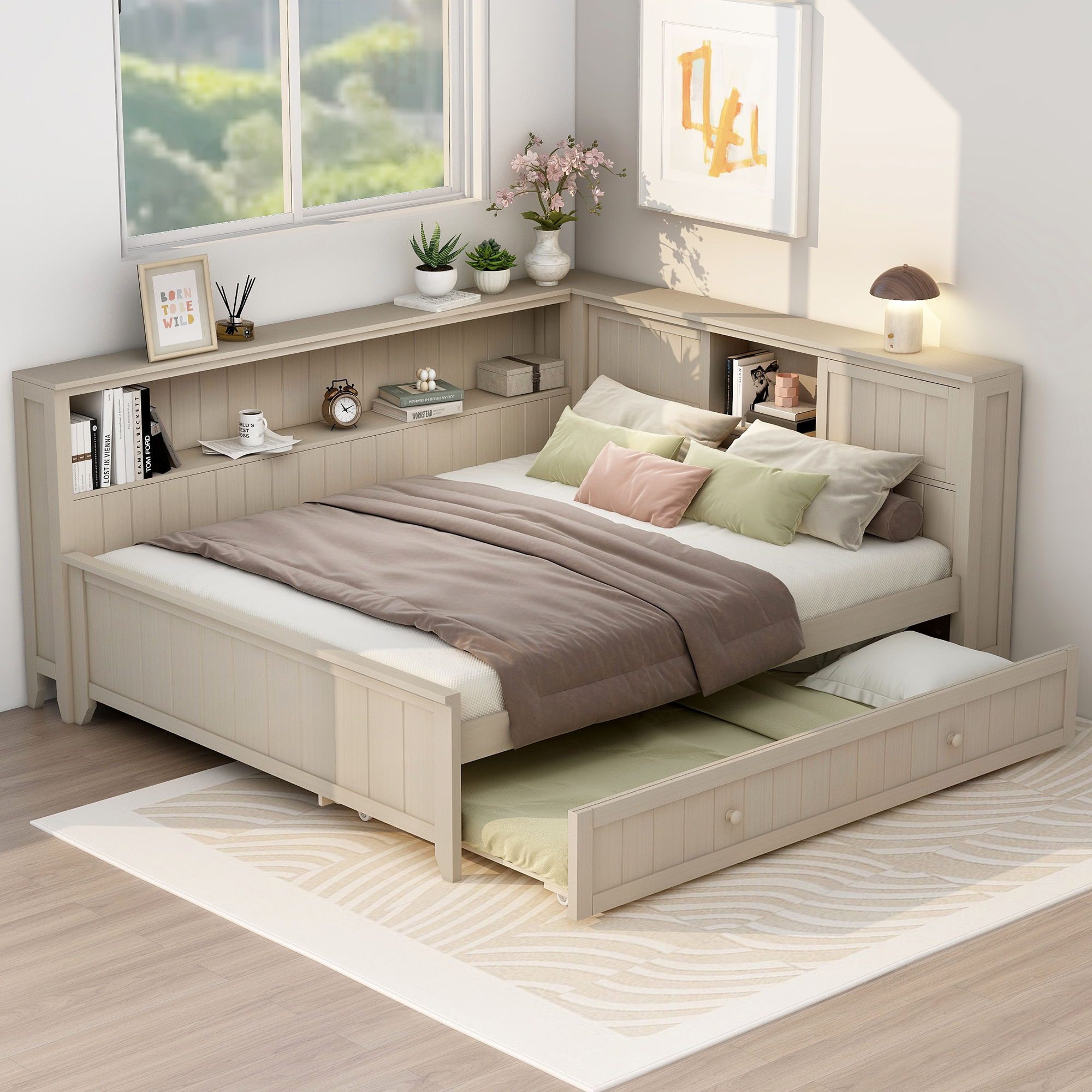 Full Size Daybed With Storage Shelves And Trundle - Ancient White