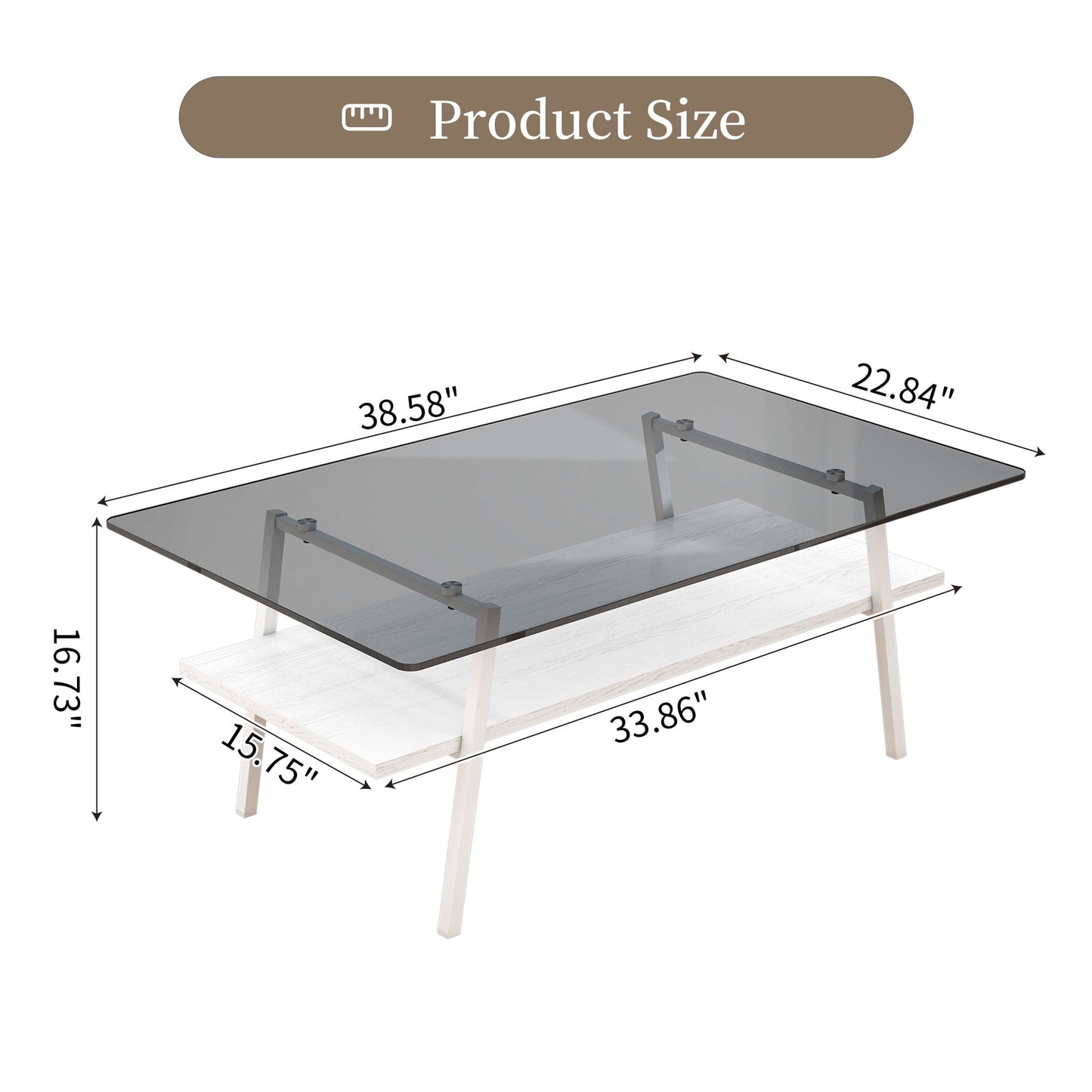 Rectangle Coffee Table, Tempered Glass Tabletop with White Metal Legs, Modern Table for Living Room , Gray Glass