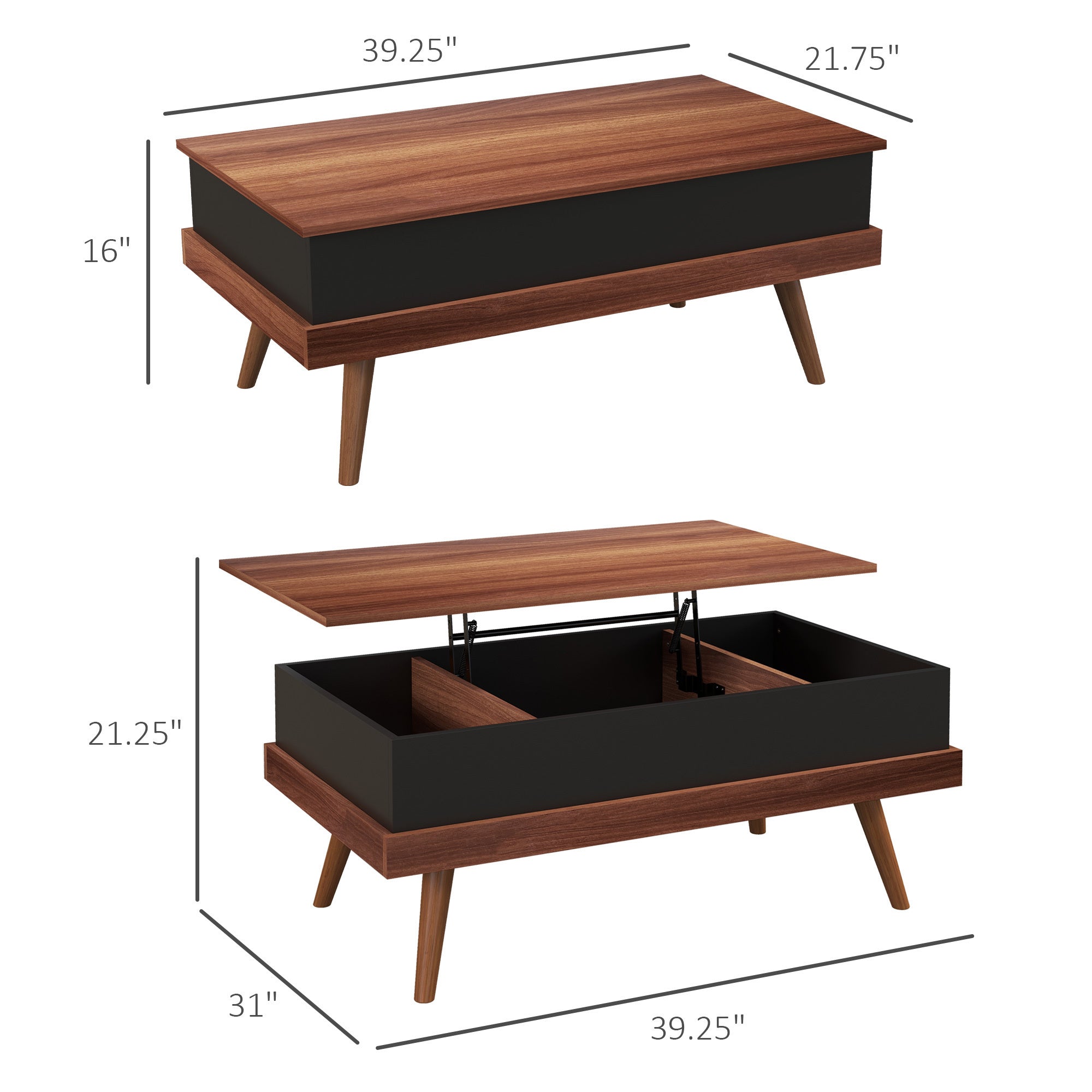 HOMCOM Lift Top Coffee Table, 39.25" Coffee Table with Hidden Compartments and Wood Legs, Walnut