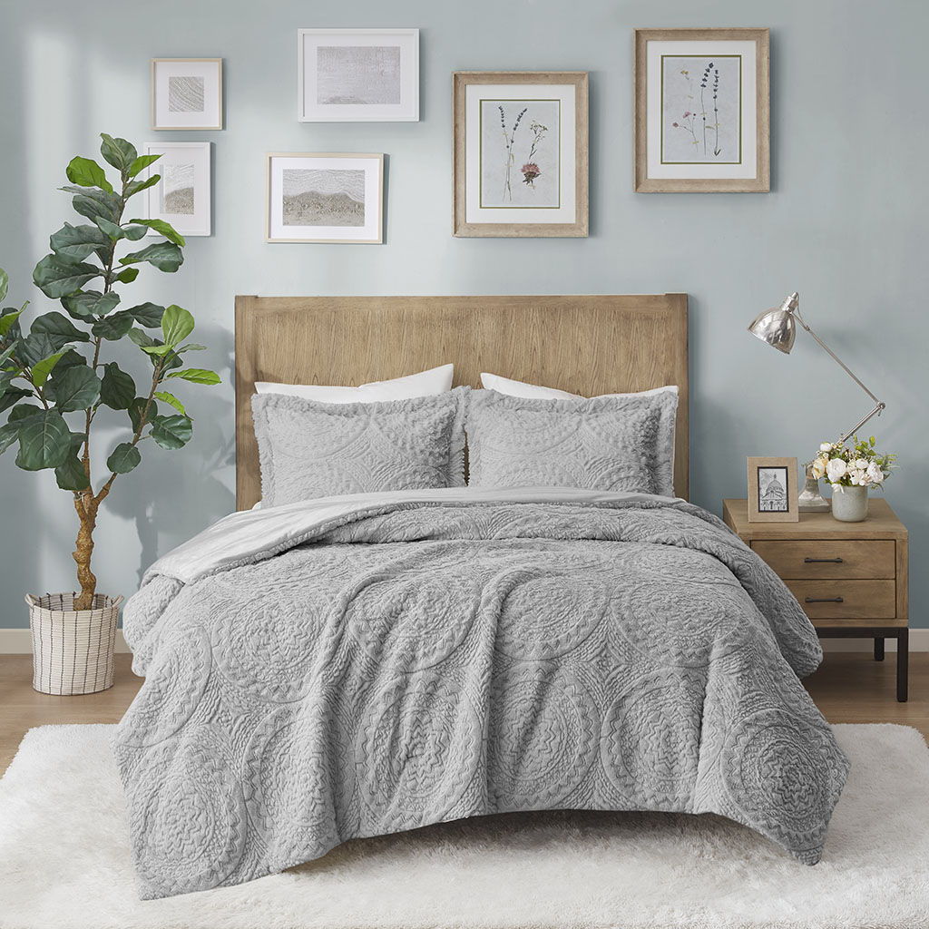 Arya - Embroidered Medallion Ultra Comforter Mini Set - Gray