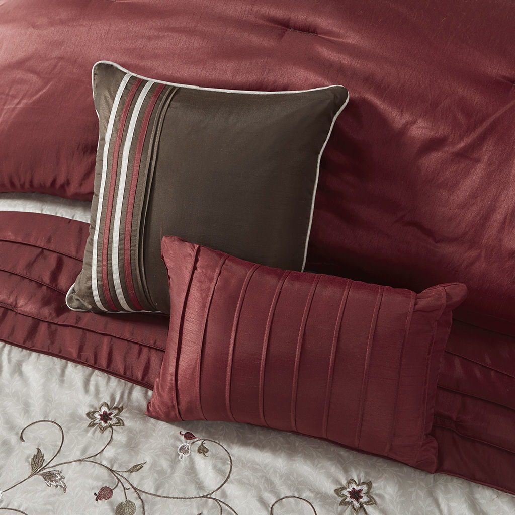 Serene - Queen Embroidered Piece Comforter (Set of 7) - Red