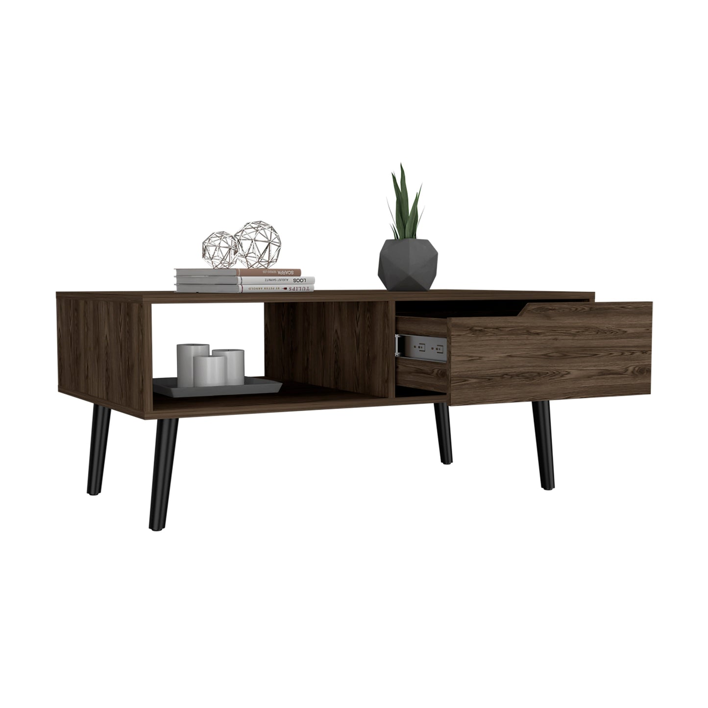 Kobe Coffee Table, One Open Shelf, One Drawer, Dark Walnut