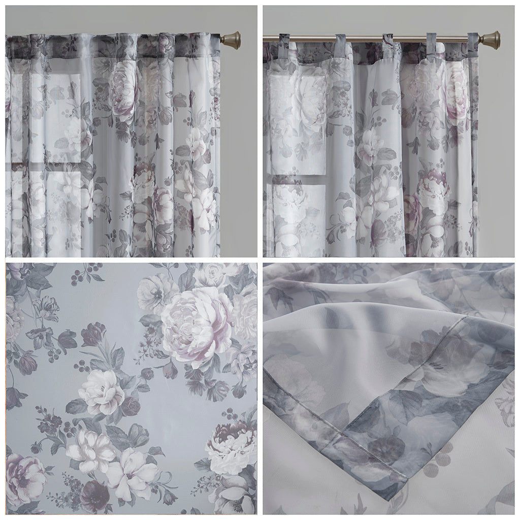 Printed Floral Rod Pocket and Back Tab Voile Sheer Curtain