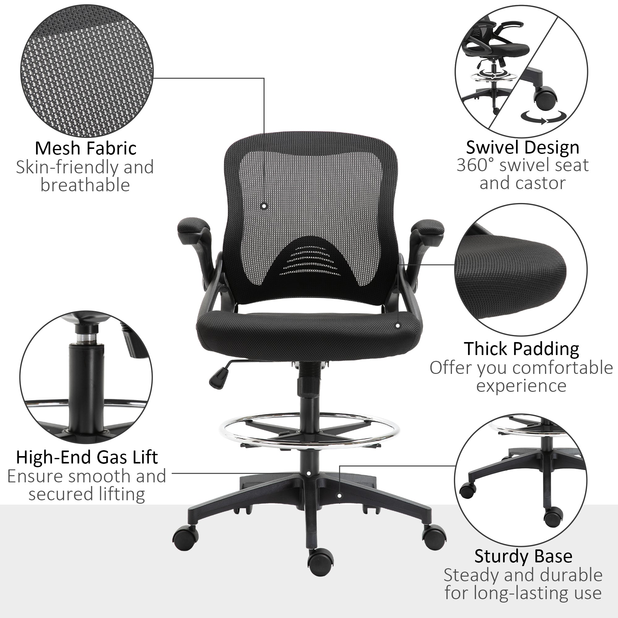 Mesh Drafting Chair, Tall Office Chair with Lumbar Support, Flip-Up Armrests, Footrest Ring and Adjustable Seat Height, Black