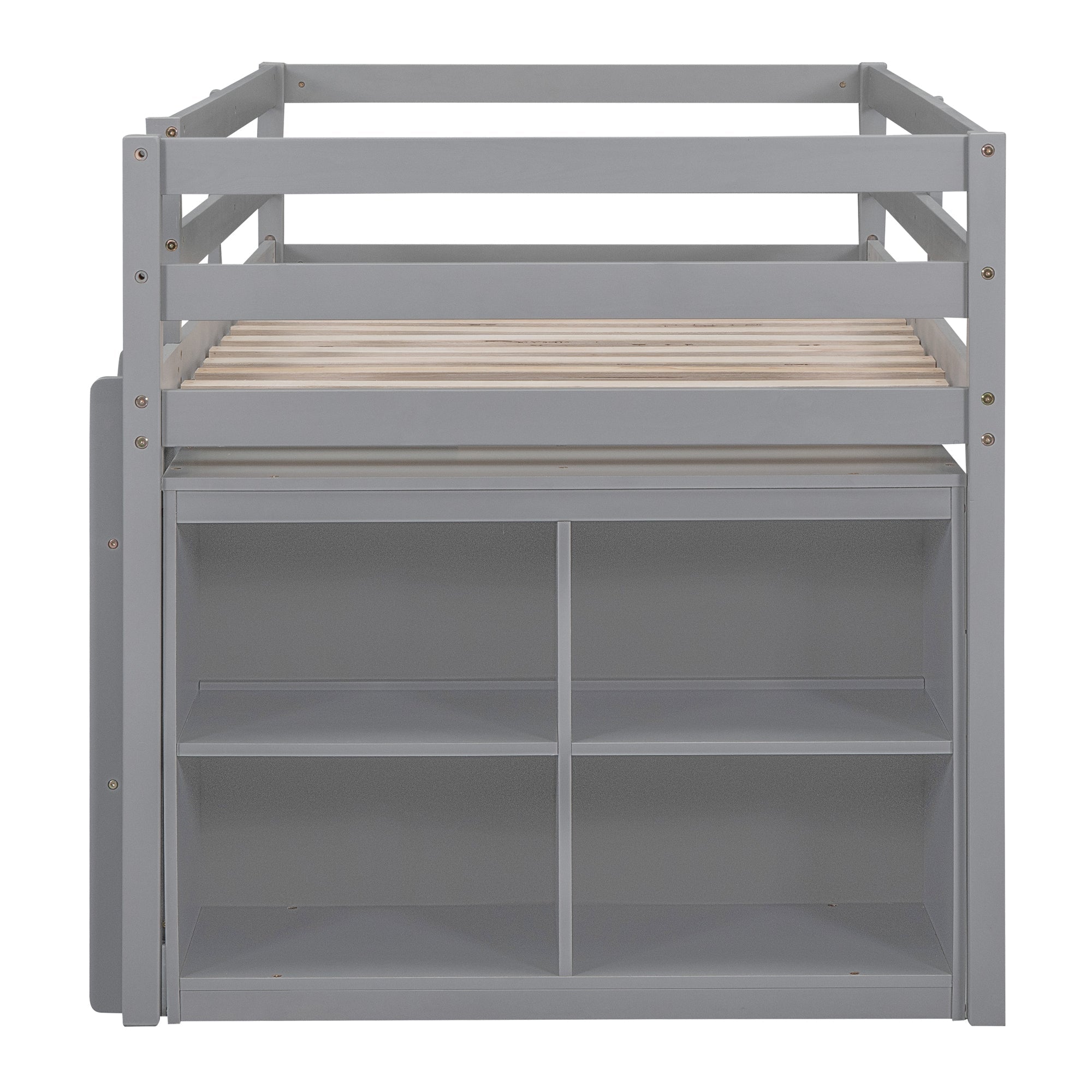 Twin Size Loft Bed with Retractable Writing Desk and 4 Drawers, Wooden Loft Bed with Lateral Portable Desk and Shelves, Gray