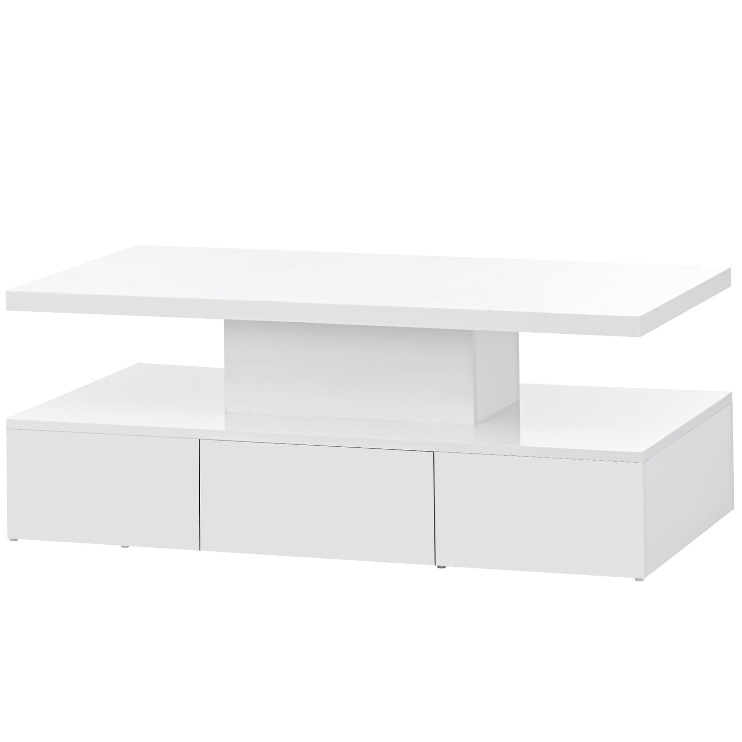 Modern Glossy Coffee Table With Drawer, 2-Tier Rectangle Center Table with LED lighting for Living room, 39.3''x19.6''x15.3'', White