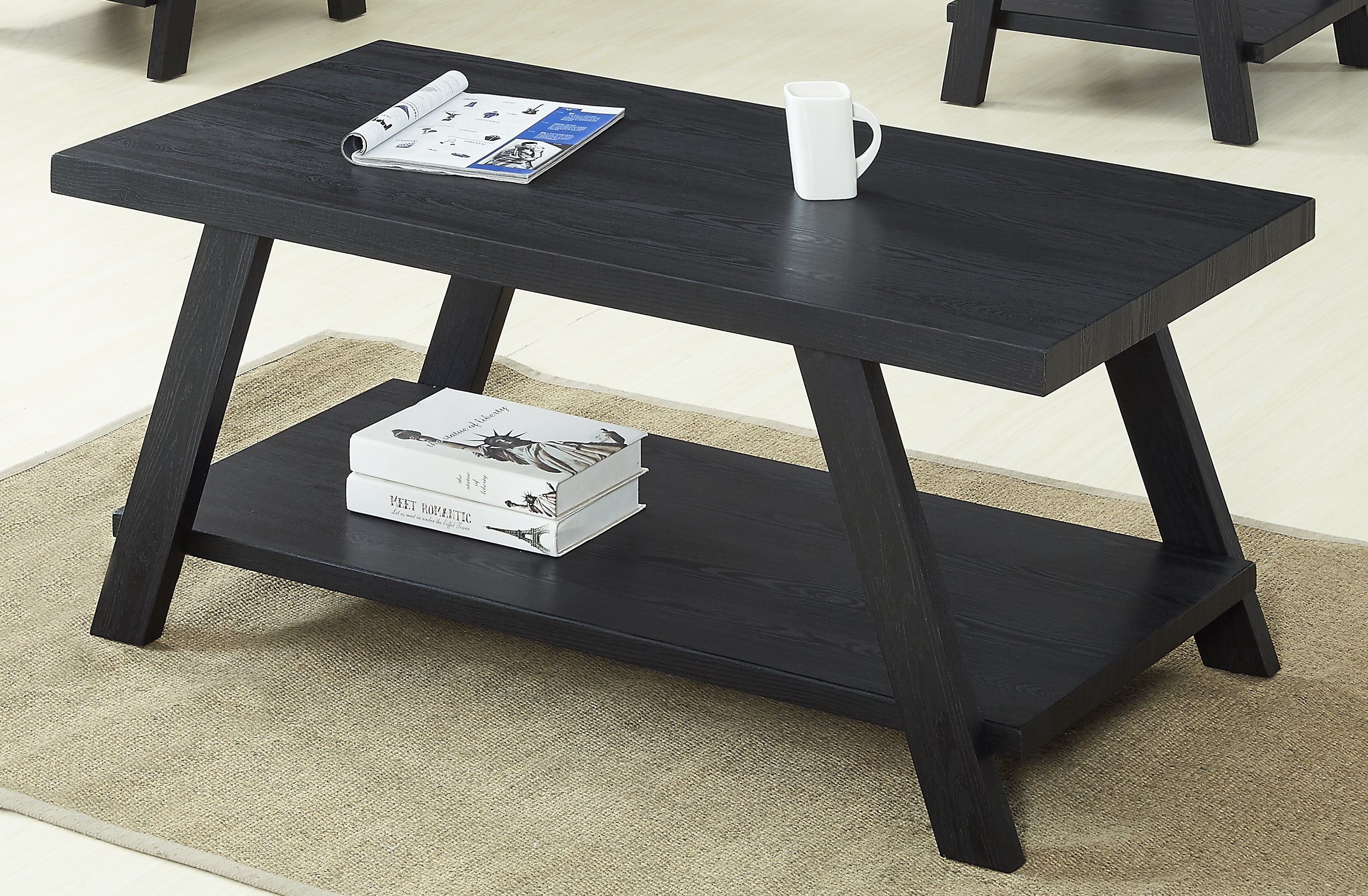 Athens Contemporary Replicated Wood Shelf Coffee Set Table in Black Finish