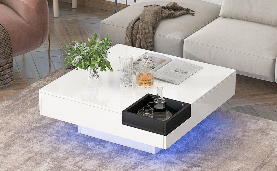 Modern Minimalist Design 31.5*31.5in Square Coffee Table with Detachable Tray and Plug-in 16-color LED Strip Lights Remote Control for Living Room( OLD SKU: WF291303AAK )