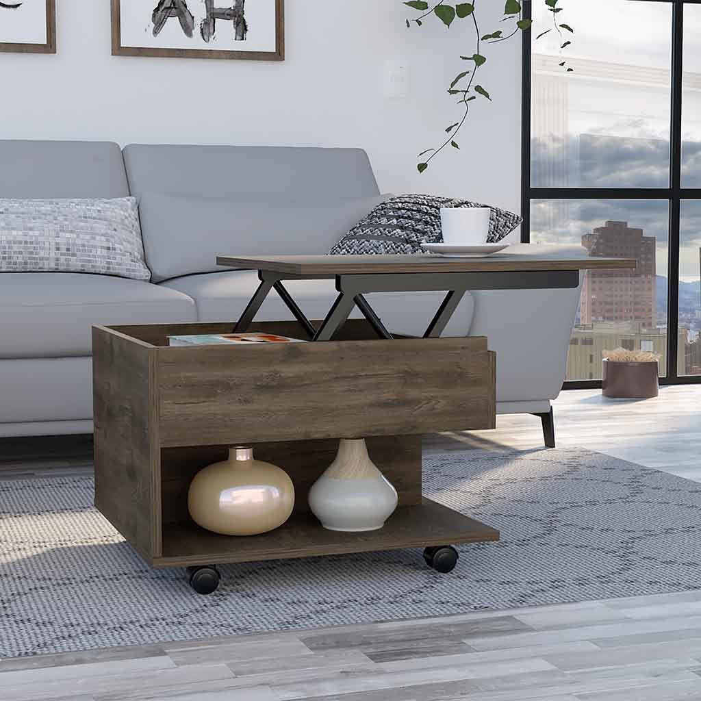 Luanda Lift Top Coffee Table, Casters, One Shelf -Dark Brown