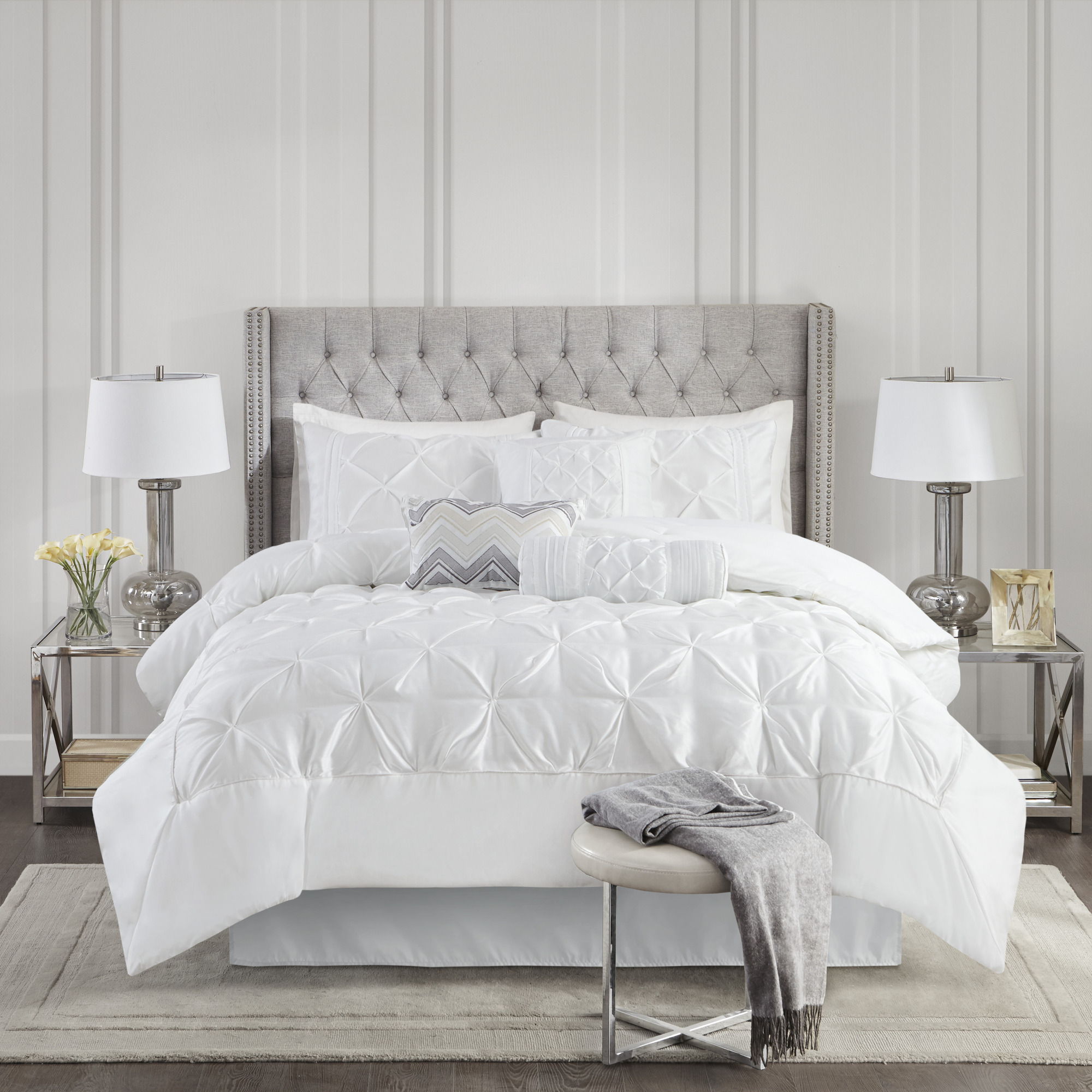 Laurel - Pieced Pleated 7 Piece Tufted Comforter Set - White