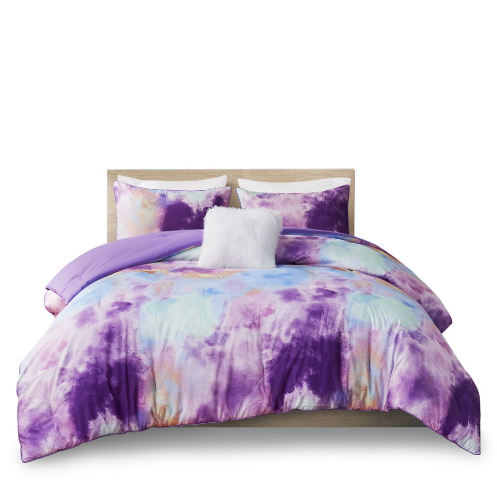 Cassiopeia - Full Watercolor Tie Dye Printed Comforter Set With Throw Pillow - Lavender