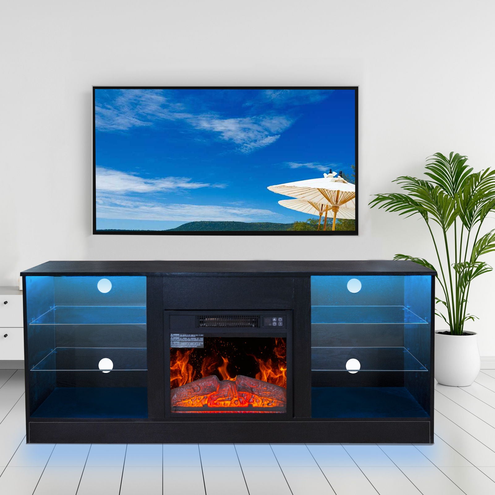 Fireplace TV Stand With 18" Electric Fireplace Heater, Modern Entertainment Center For TVs Up To 62" With Adjustable Glass Shelves And Storage Cabinets