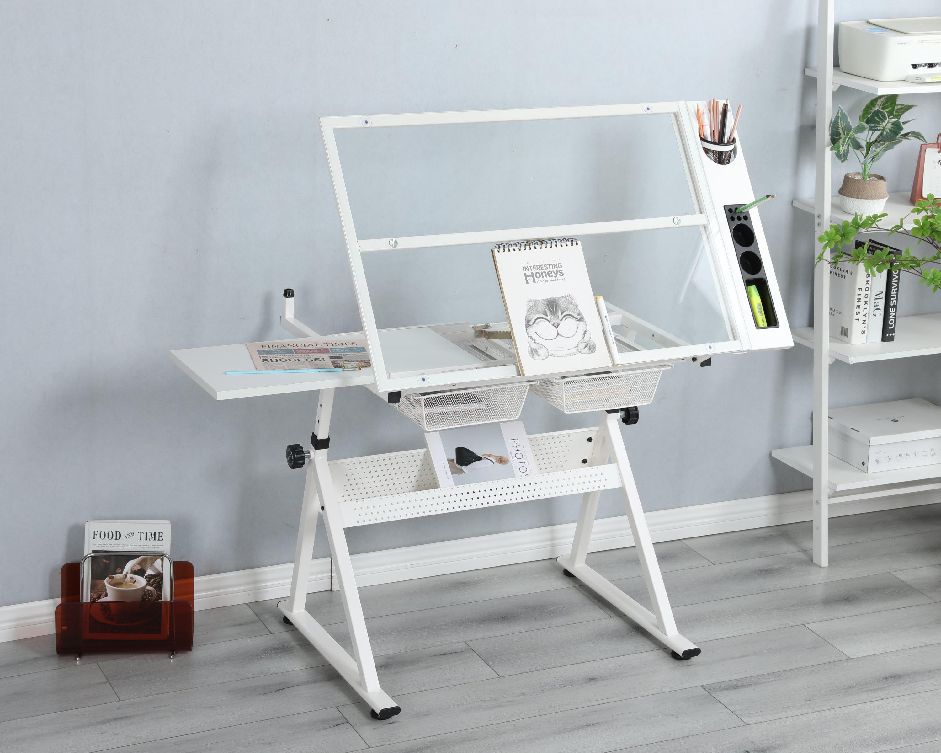 WHITE adjustable tempered glass drafting printing table with chair