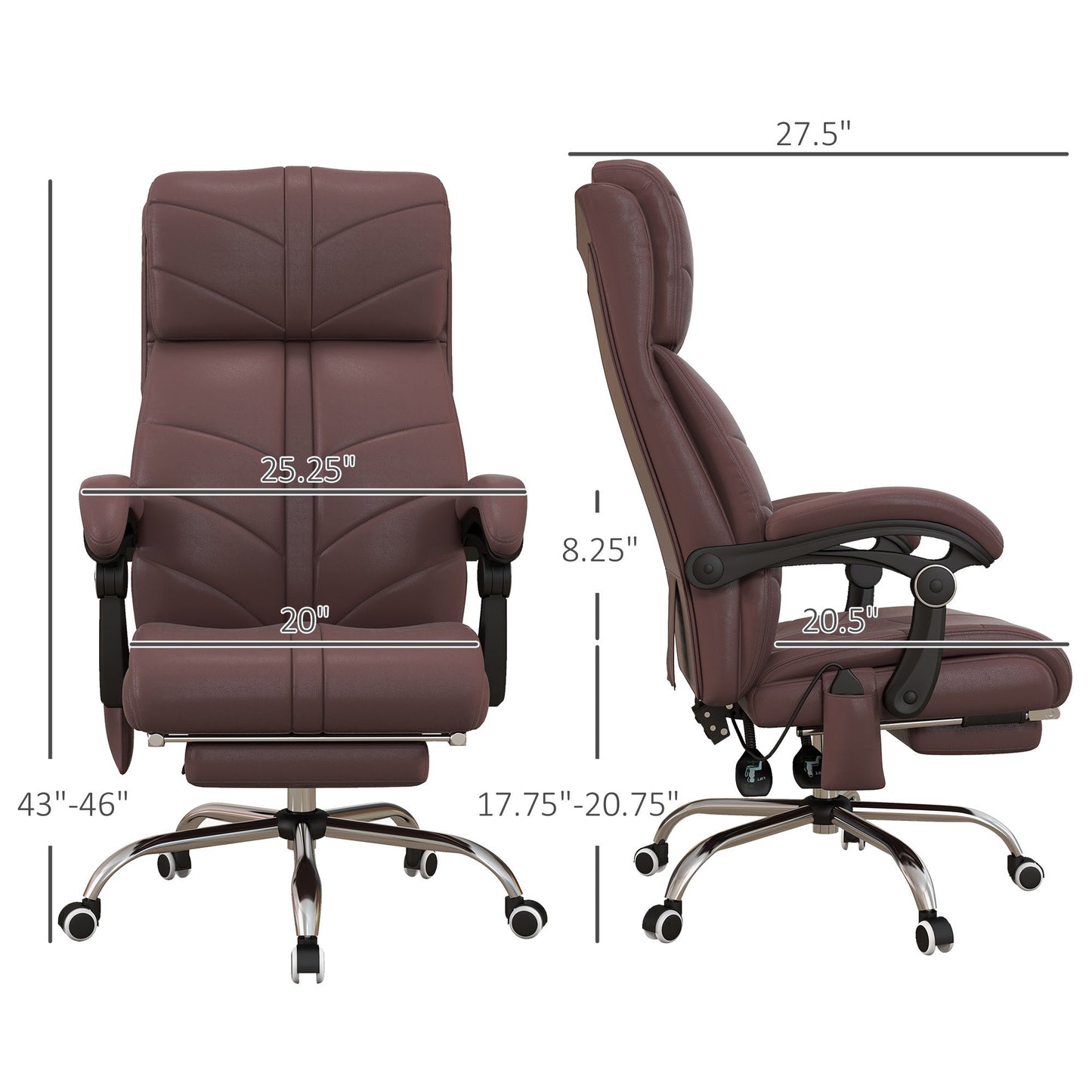 Executive Massage Office Chair with 4 Vibration, Computer Desk Chair, PU Leather Heated Reclining Chair with Adjustable Height, Swivel Wheels, Brown