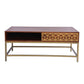 Kalyn 43 Inch Acacia Wood Coffee Table, Geometric Screen Printed Design, 1 Open Compartment, Natural Brown, Brass