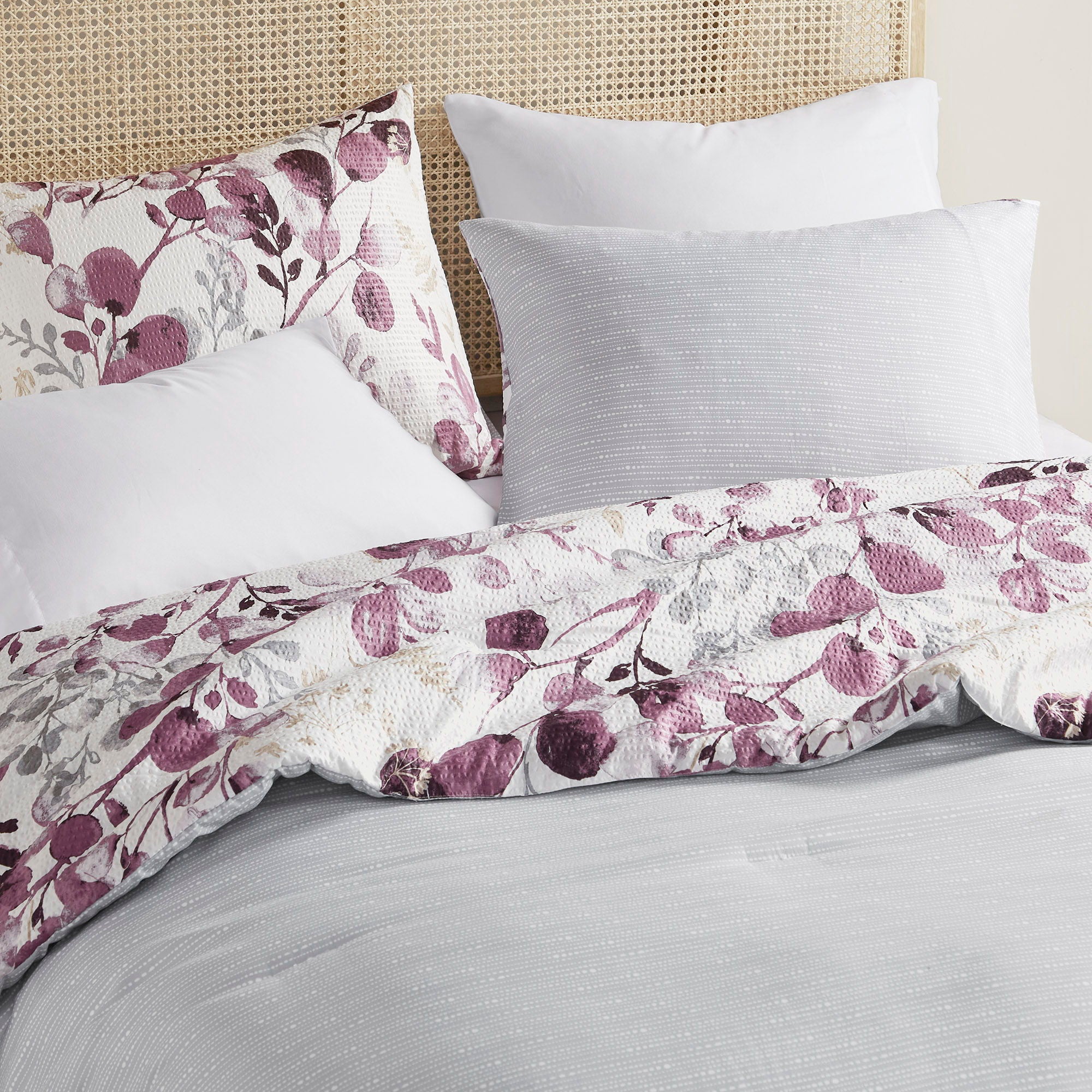 Gabby - Full/Queen Reversible Floral Botanical Seersucker Comforter Set - Plum/Gray