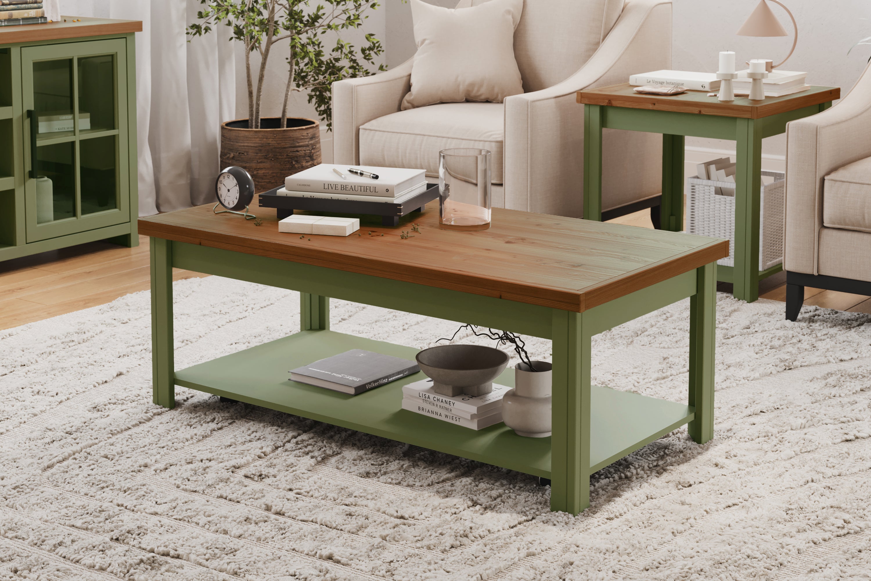 Bridgevine Home Vineyard 48 inch Coffee Table, No Assembly Required, Sage Green and Fruitwood Finish