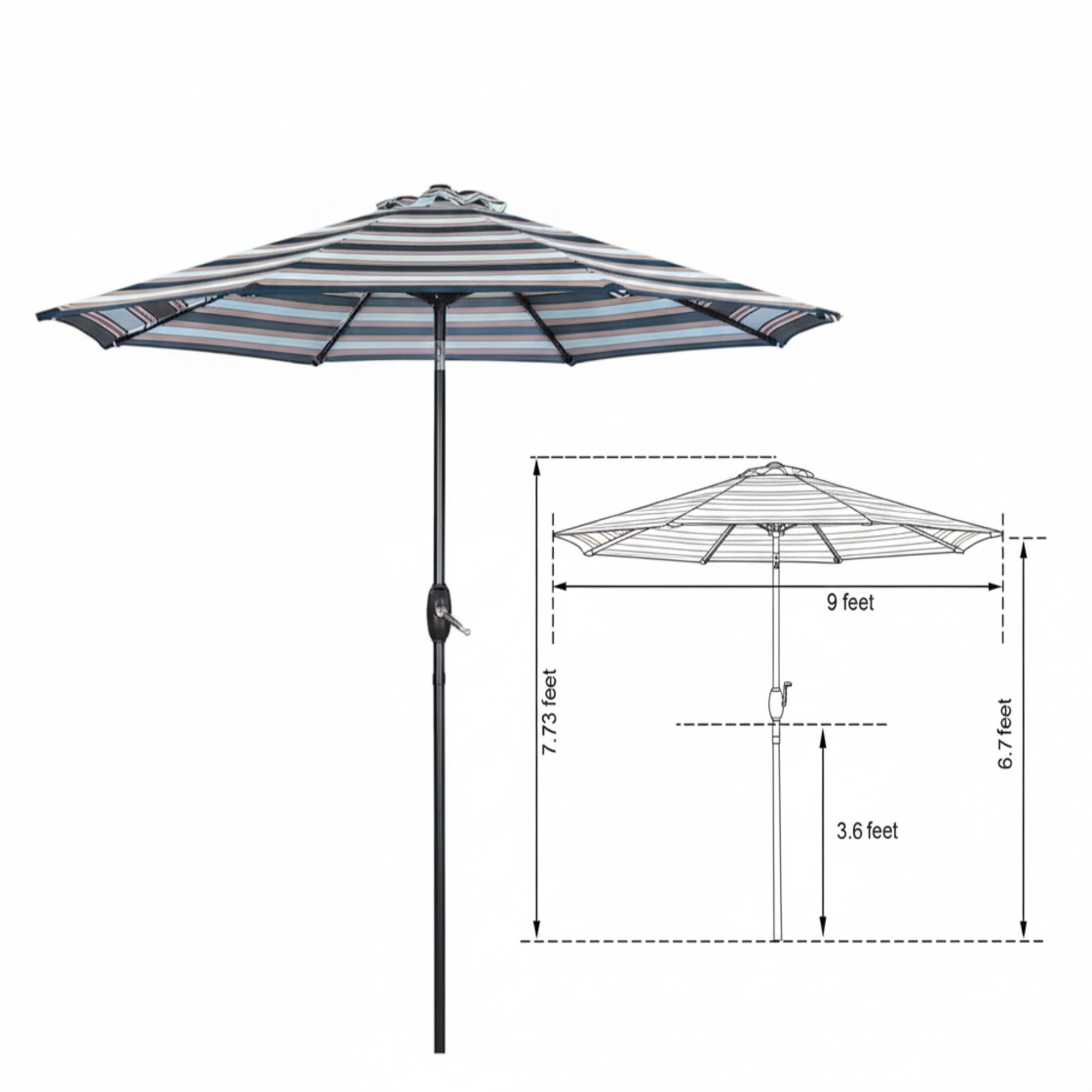 Patio Umbrella With Crank Lift & Push Button Tilt Frame, 200G / Sqm Solution Dyed Canopy - Blue Multi / Brown