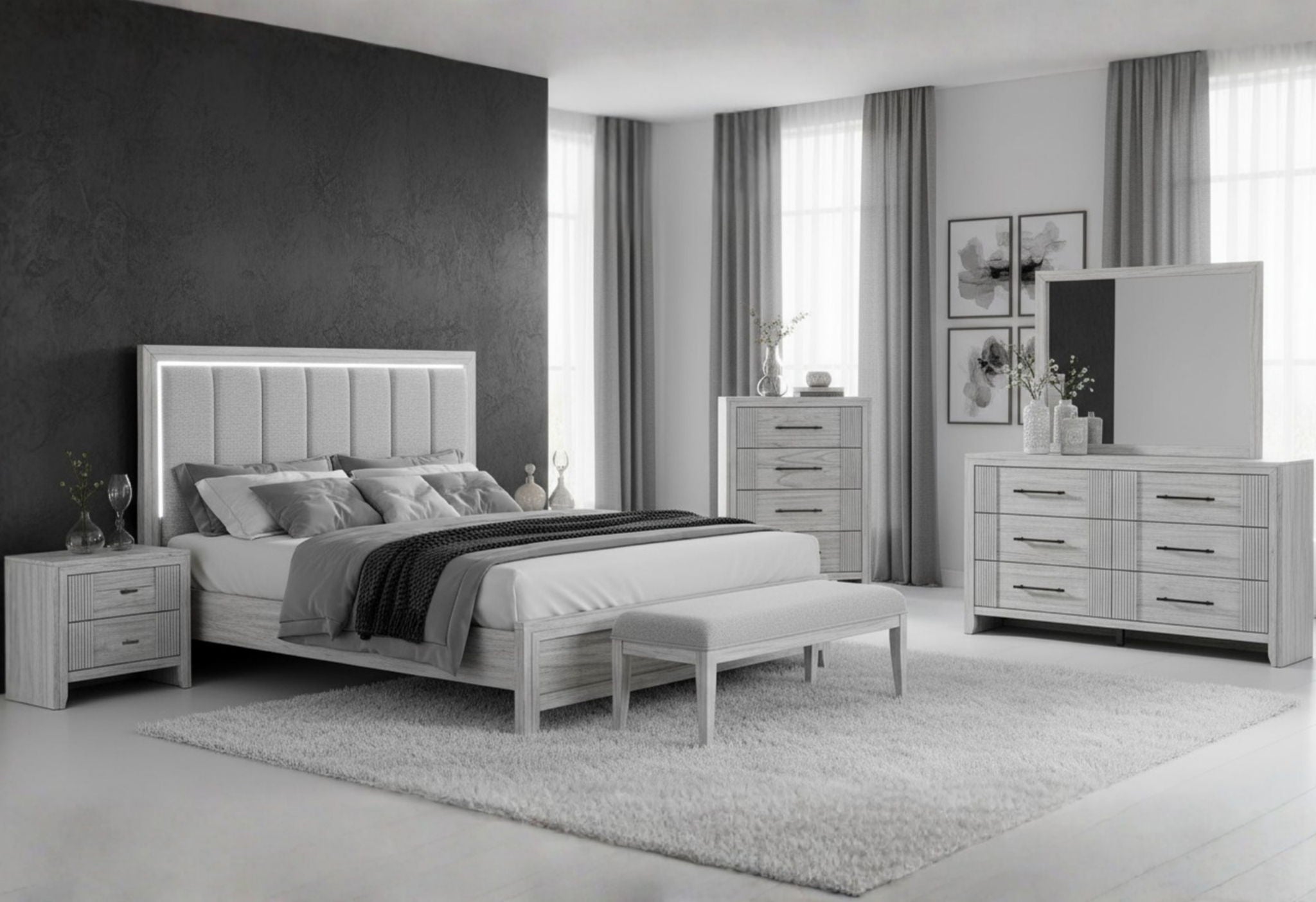 Elsie - King Bed Headboard With LED, Footboard And Slats - Light Grey