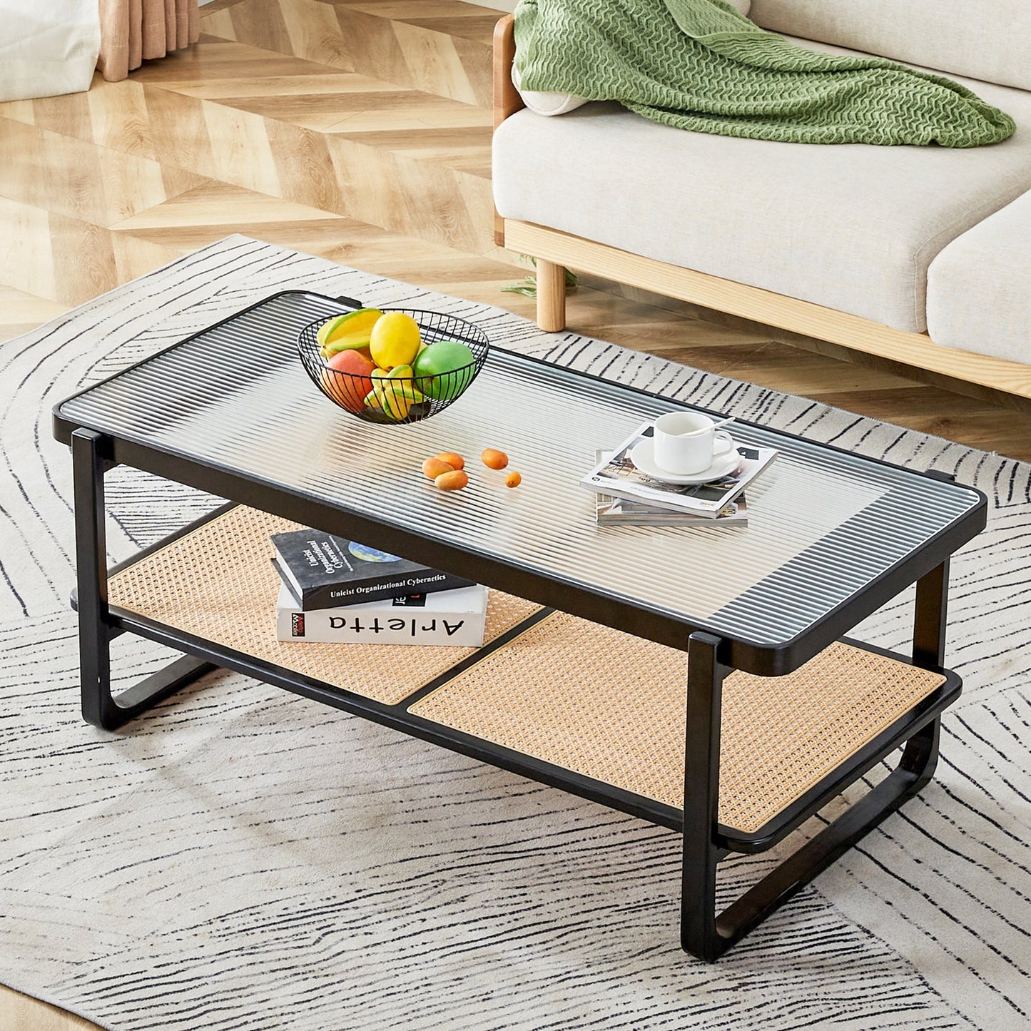 Modern minimalist rectangular double layer black solid wood imitation rattan coffee table with a Chinese style side table with craft glass tabletop, suitable for living rooms, restaurants, bedrooms