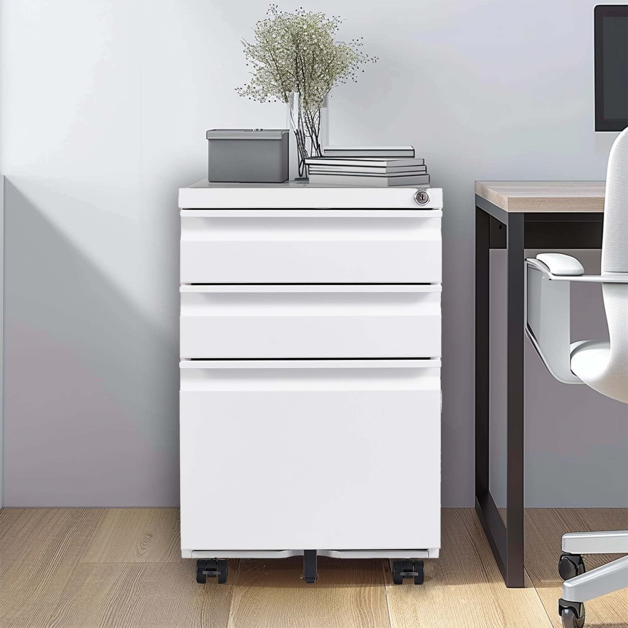 3 Drawer Mobile File Cabinet with Lock,Metal Filing Cabinets for Home Office Organizer Letters/Legal/A4,Fully Assembled,White