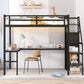 Full Size Loft Bed with L-shaped Desk and USB, Metal Loft Bed with Wardrobe and Adjustable Shelf, High Loft Bed with LED for Kids Teens Adults, Black