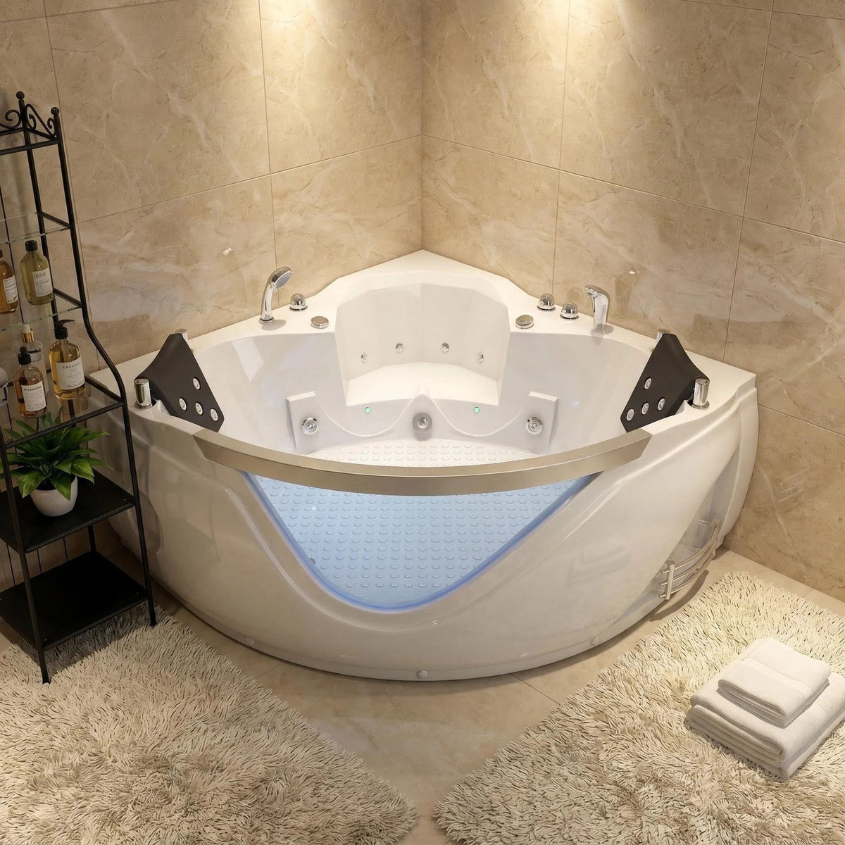 Xavier - Double Corner Massage Bathtub, Equipped & Gfci Plug And Ul Certified Water Pump, Upc Certified Drain - Milk White