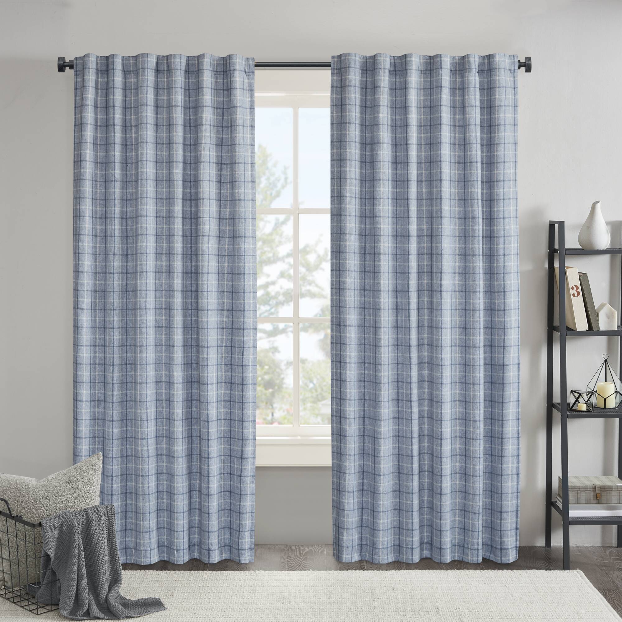 Anaheim - 50x95" Plaid Rod Pocket And Back Tab Curtain Panel With Fleece Lining - Denim Blue