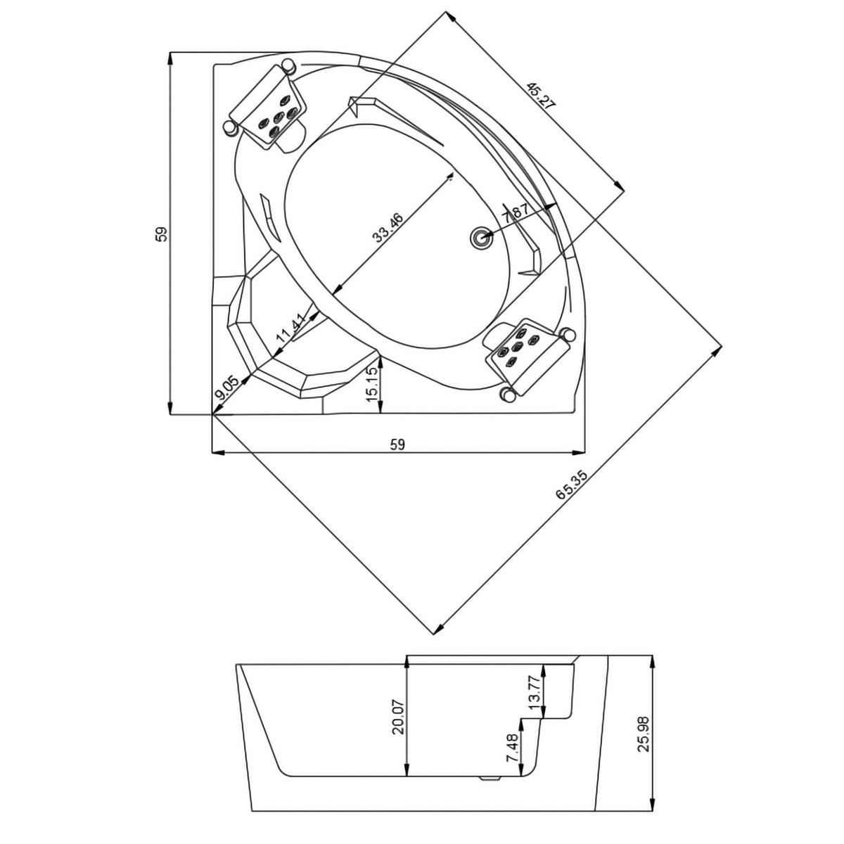 Xavier - Double Corner Massage Bathtub, Equipped & Gfci Plug And Ul Certified Water Pump, Upc Certified Drain - Milk White