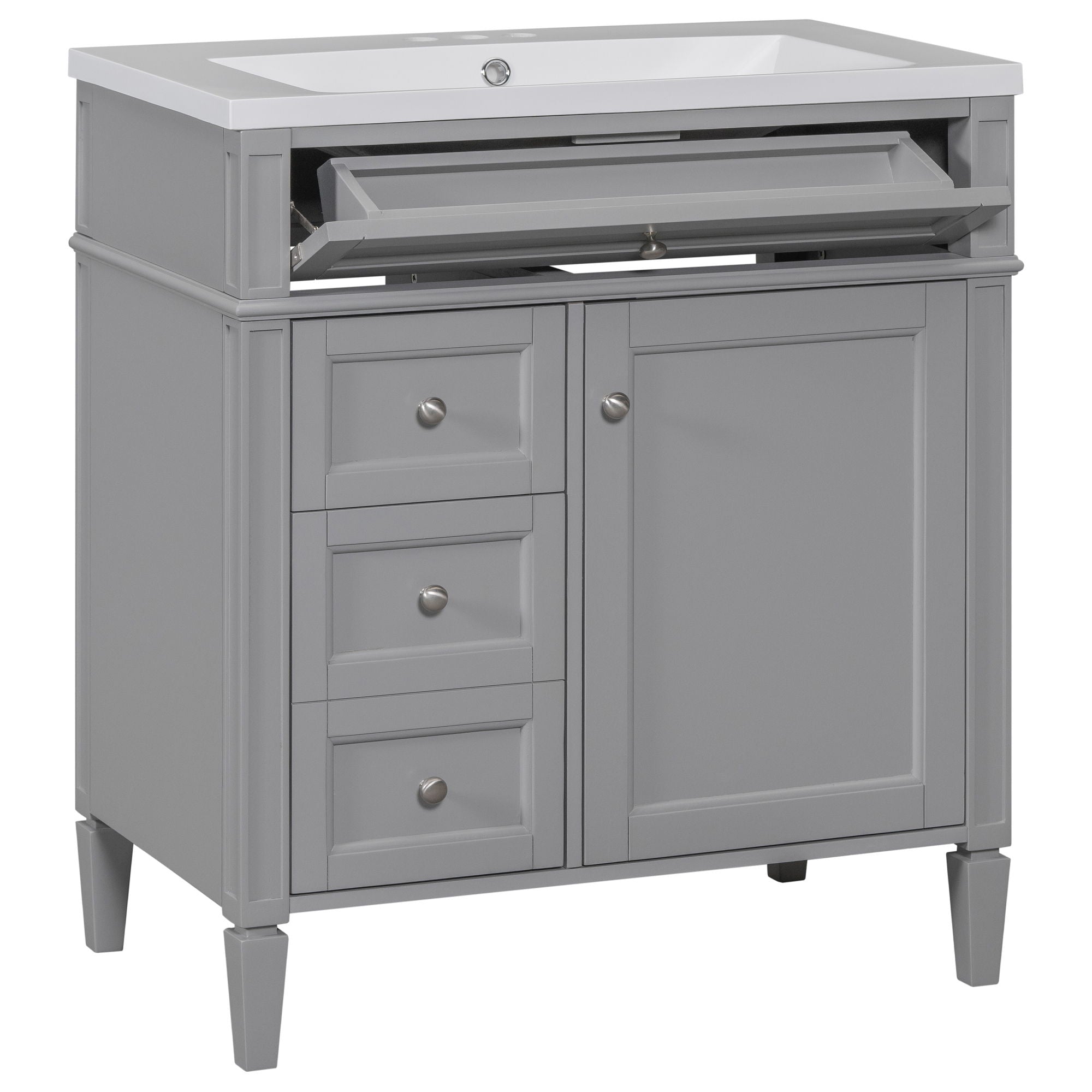 Bathroom Vanity With Top Sink, 2 Drawers And Tip Out Drawer, Rectangular Design