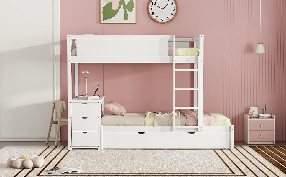 Twin-Over-Twin Bunk Bed with Twin size Trundle, Storage and Desk, White