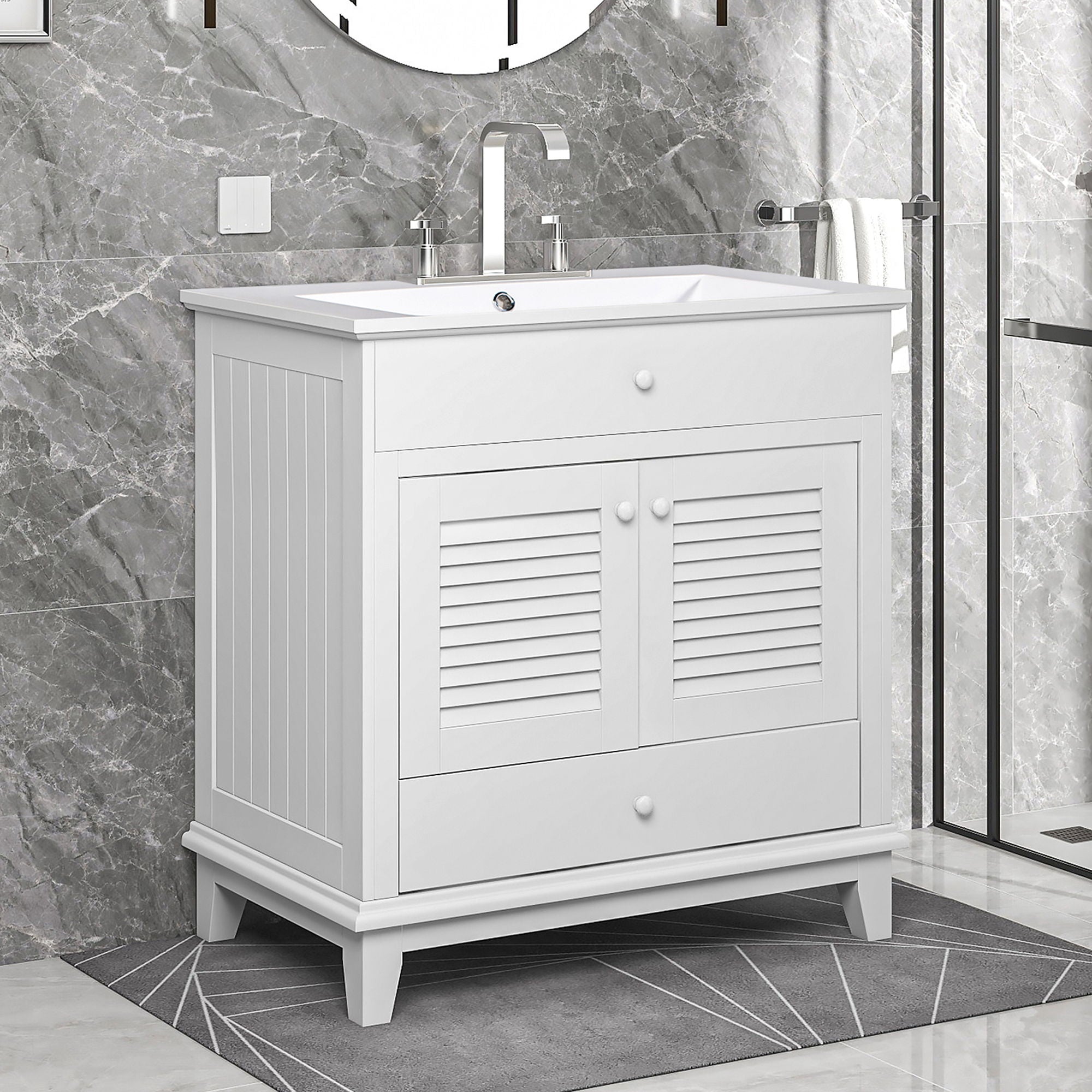 Bathroom Vanity With Sink, Bathroom Cabinet With Two Doors And One Drawer, White