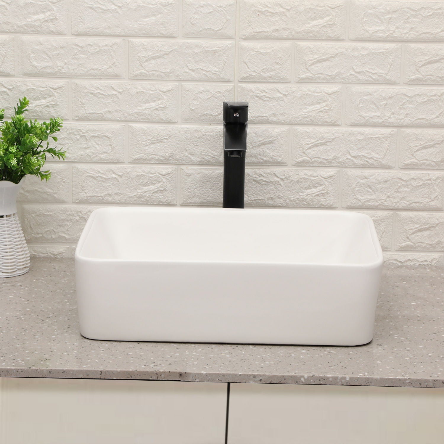 19" 5" Bathroom Sink Combo Rectangular Vessel Vanity Set With Faucet Drop In Ready Ceramic Basin - White / Black